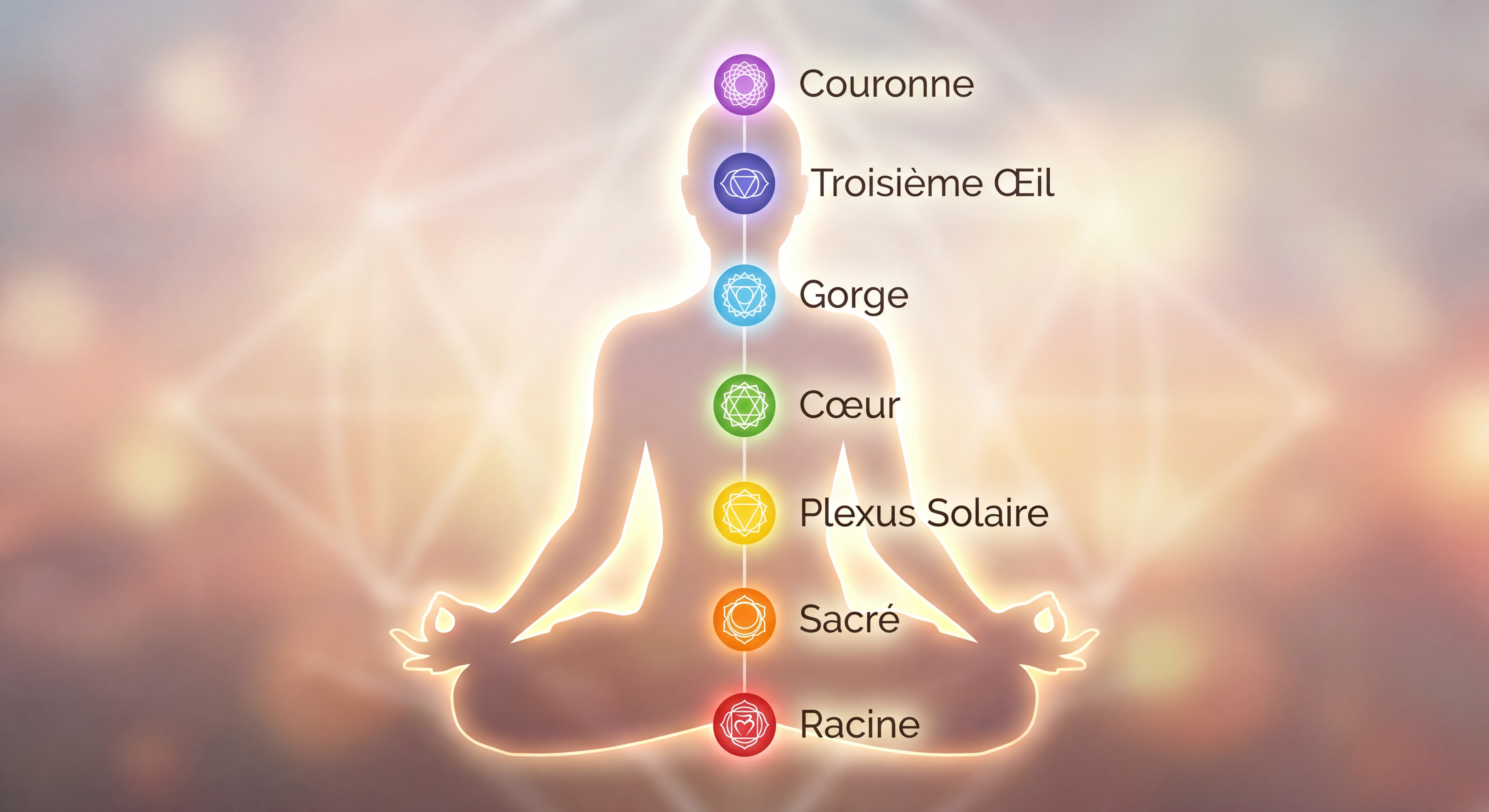 Illustration des 7 chakras alignés sur le corps humain, avec leurs couleurs et localisations correspondantes, fond doux et lumineux
