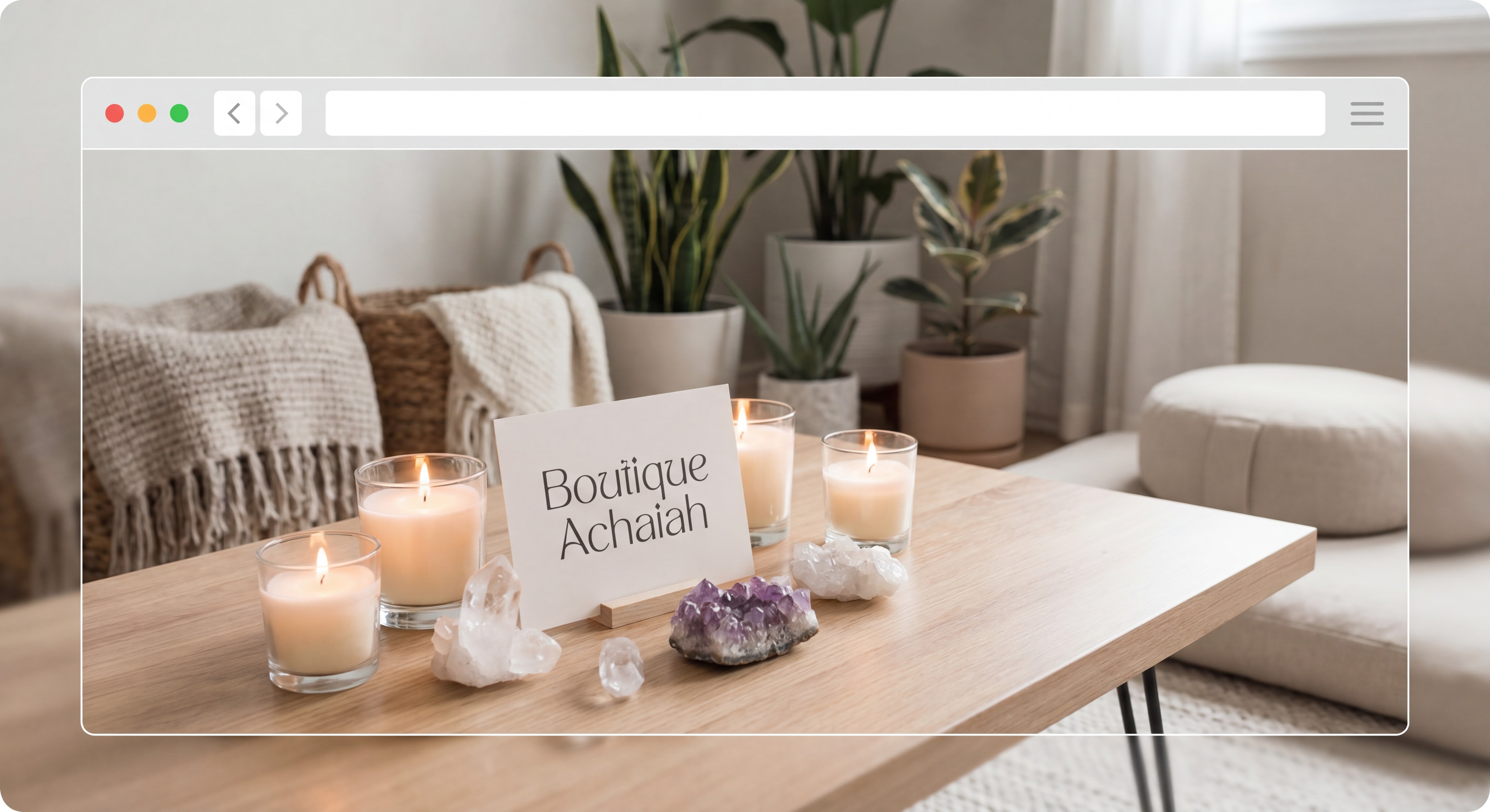Espace de soin énergétique serein avec bougies, cristaux et ambiance spirituelle douce, évoquant la Boutique Achaiah