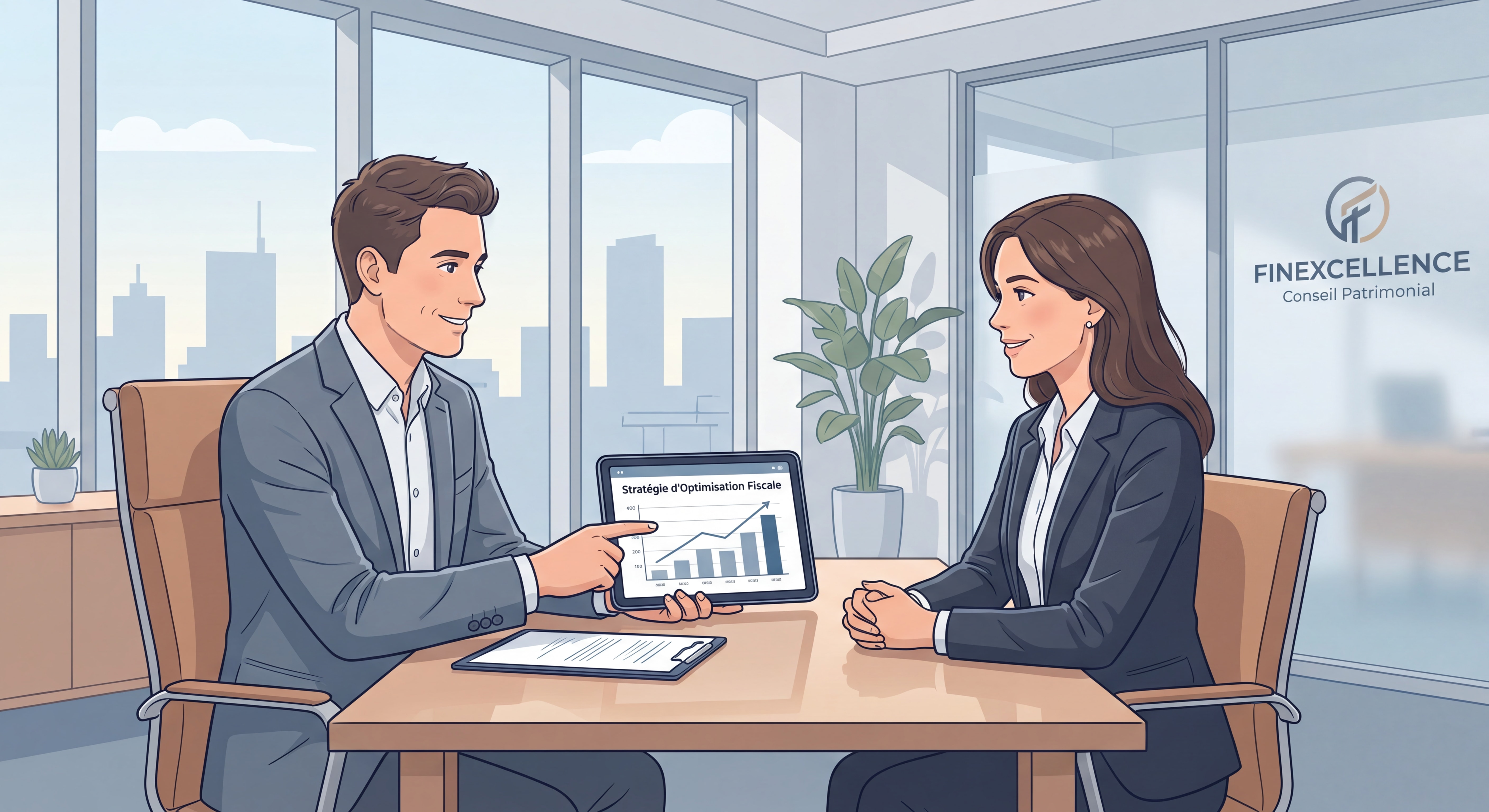 Conseiller patrimonial FINEXCELLENCE expliquant une stratégie d'optimisation fiscale à un client cadre supérieur, ambiance professionnelle et sereine
