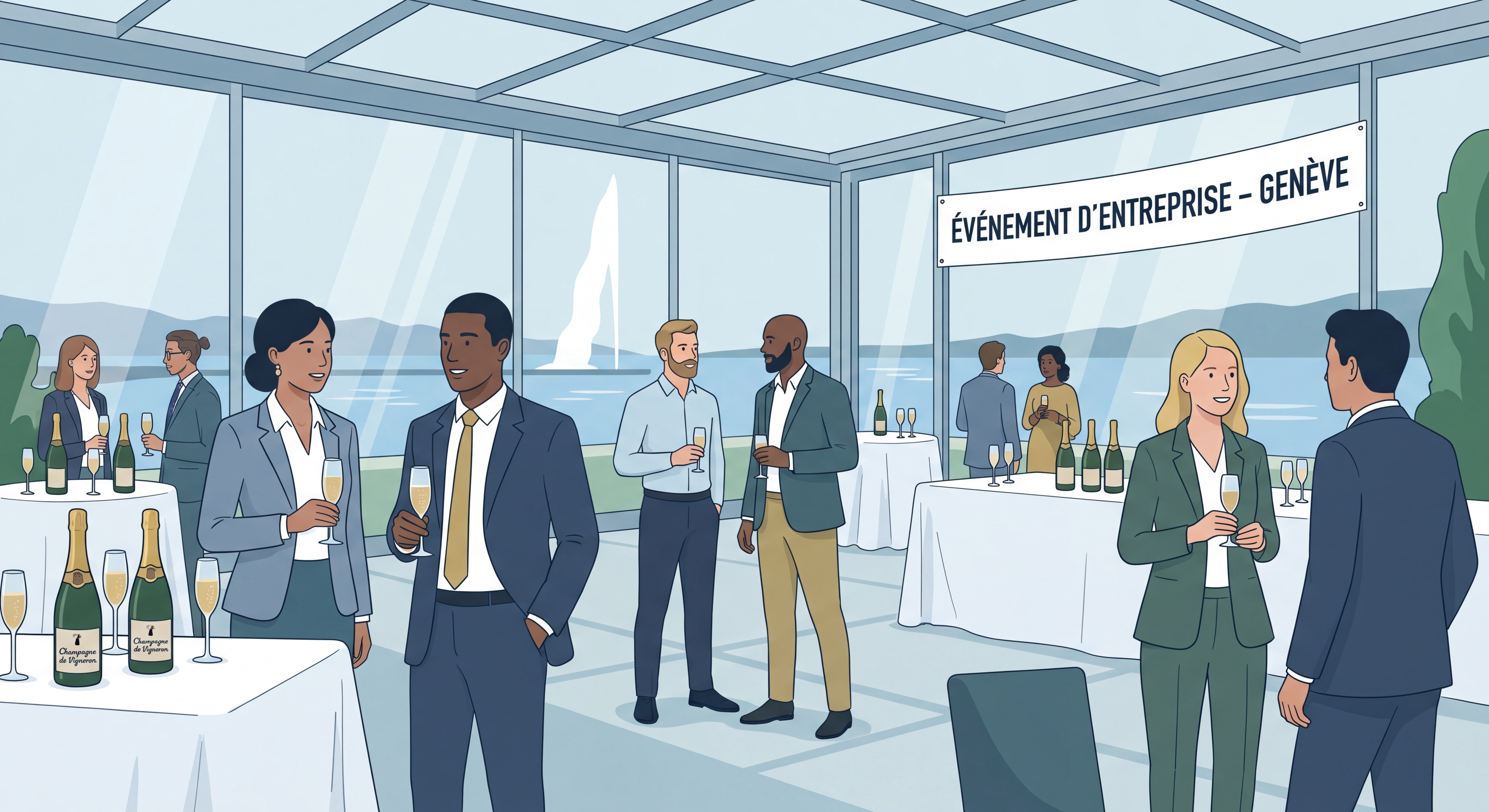Événement d'entreprise avec dégustation de champagne de vigneron à Genève, ambiance élégante et conviviale