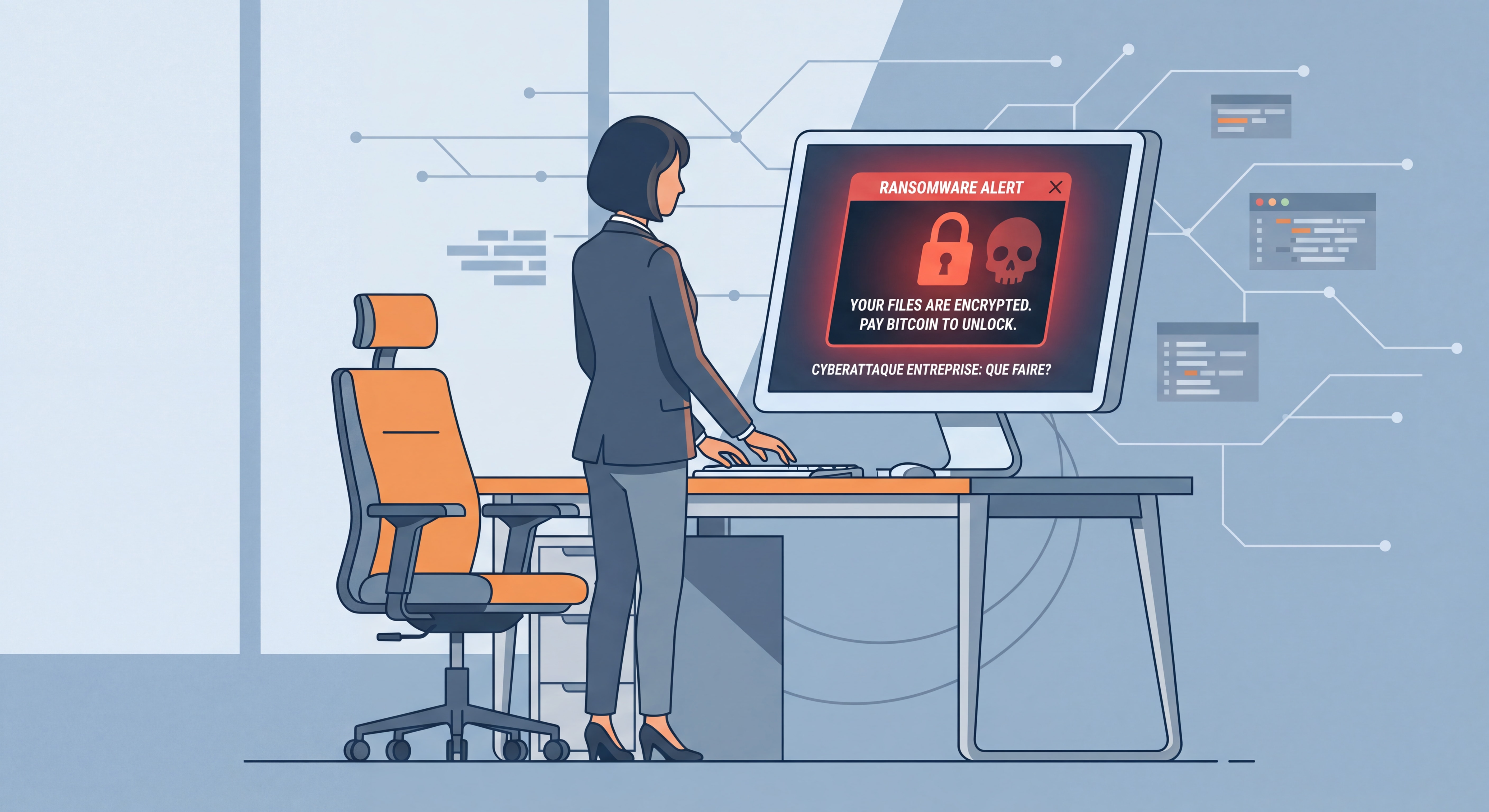 Chef d'entreprise PME face à un écran affichant une alerte ransomware - cyberattaque entreprise que faire