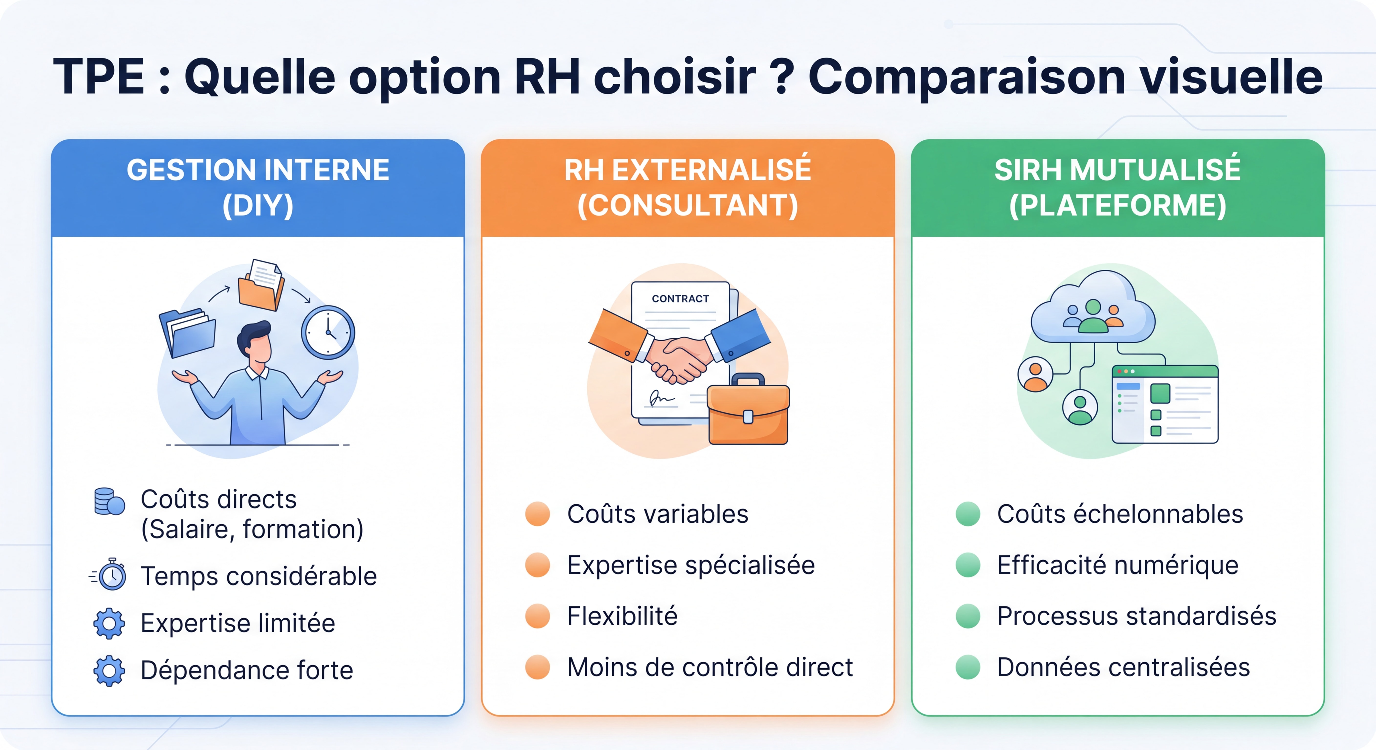 Comparaison visuelle des trois options RH pour TPE - gestion interne, RH externalisé et SIRH mutualisé - sous forme de tableau illustré