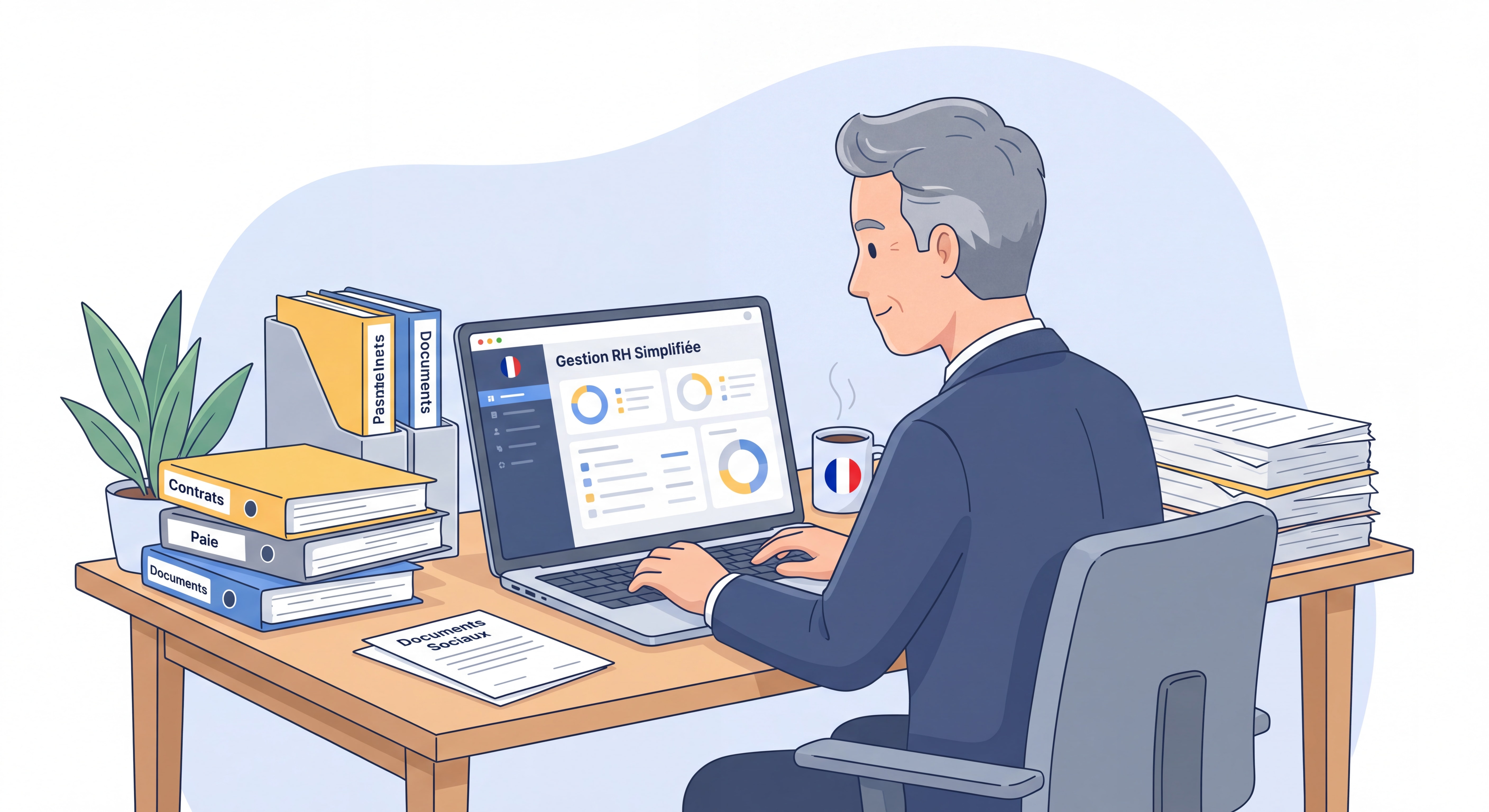 Dirigeant de TPE française à son bureau, entouré de documents RH et d'un ordinateur, illustrant la gestion RH en solo pour petites entreprises