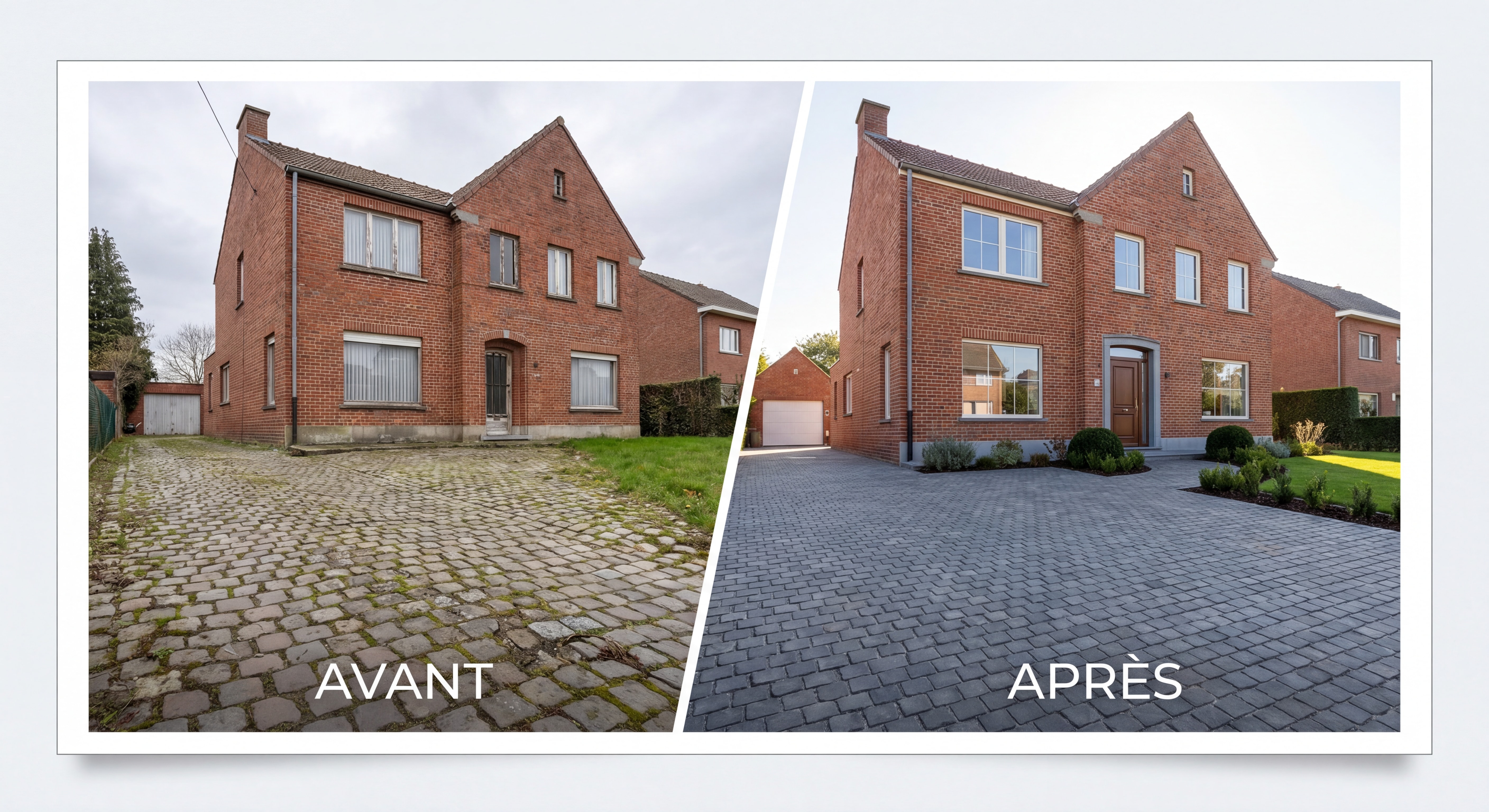 Avant-après d'une allée en pavés rénovée devant une maison belge en briques rouges, province du Brabant wallon