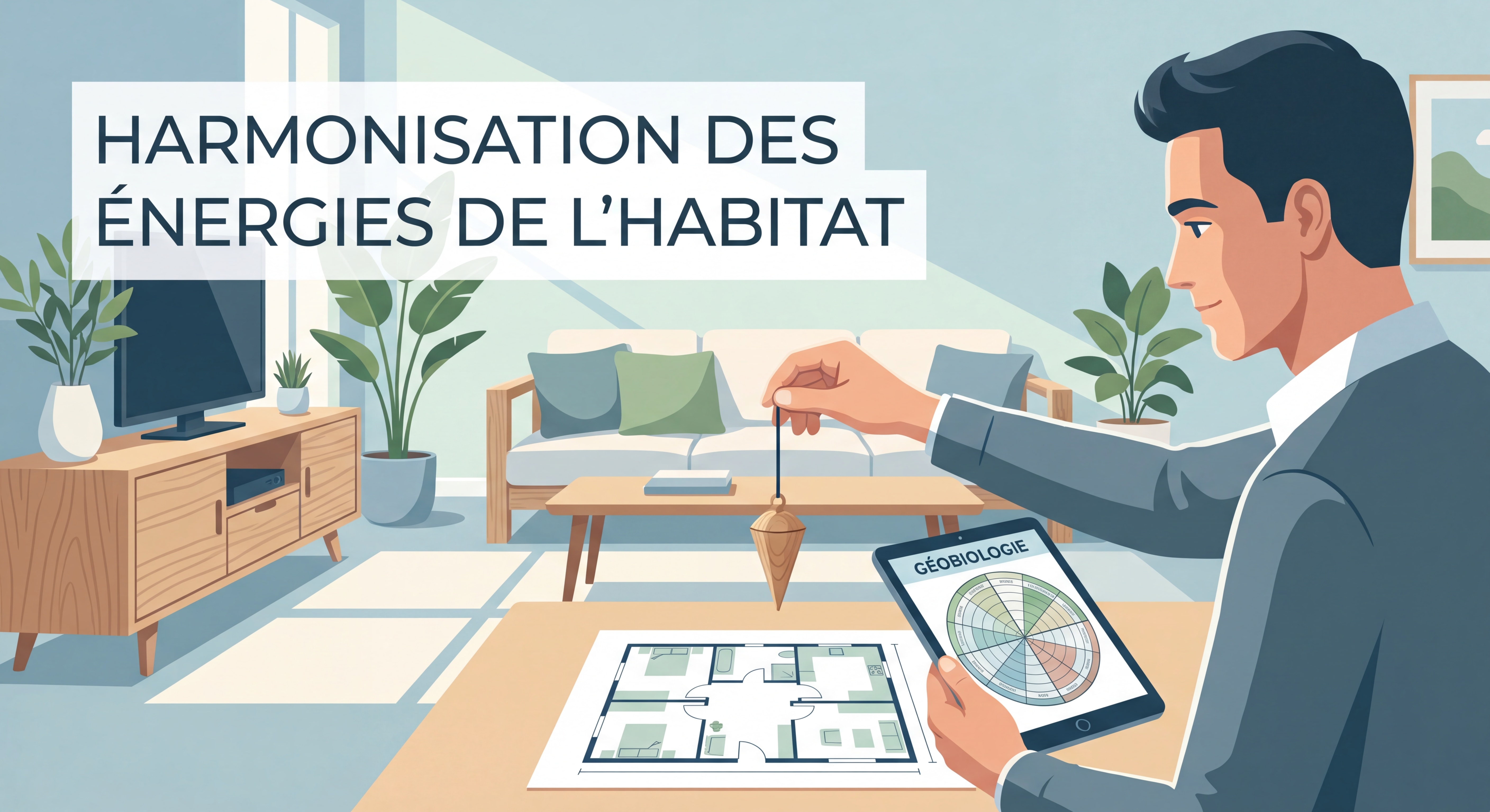Praticien radiesthésiste qualifié utilisant un pendule lors d'une séance de géobiologie dans un habitat pour harmoniser les énergies de la maison