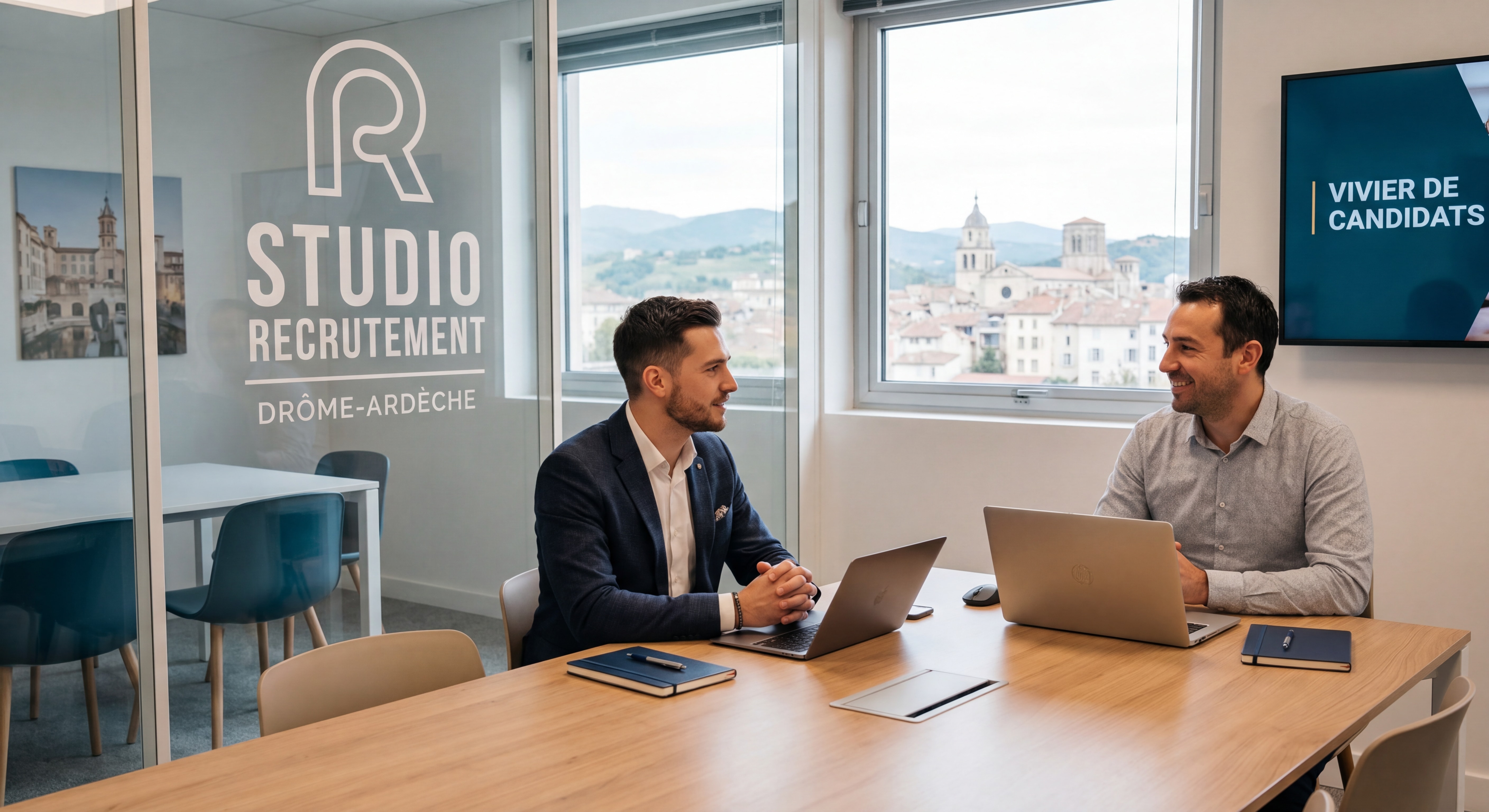 Candidat en entretien avec un conseiller du cabinet Studio Recrutement à Valence, Drôme-Ardèche, vivier de candidats recrutement