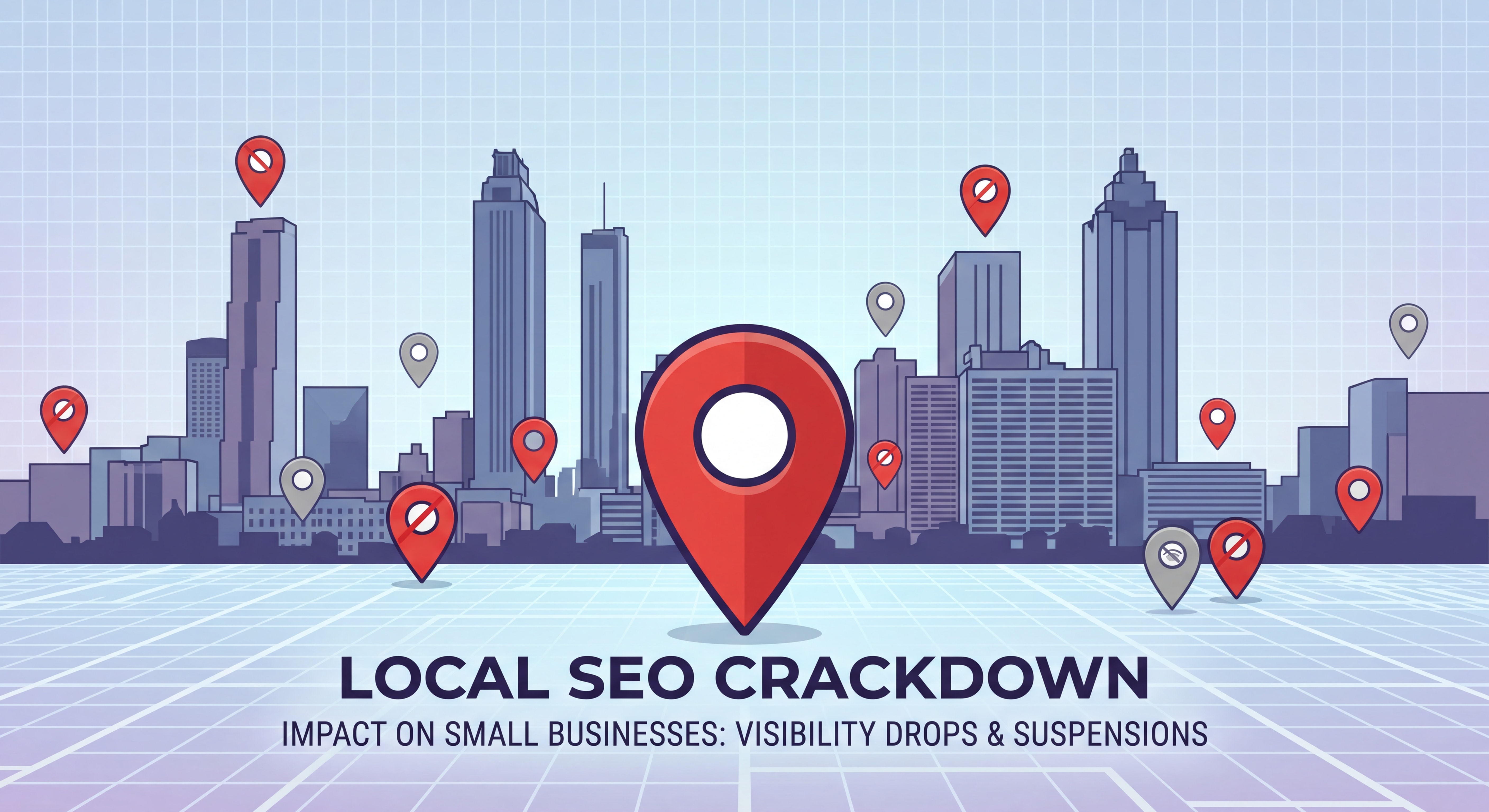 Atlanta skyline with Google Maps pins overlay representing local SEO crackdown impact on small businesses