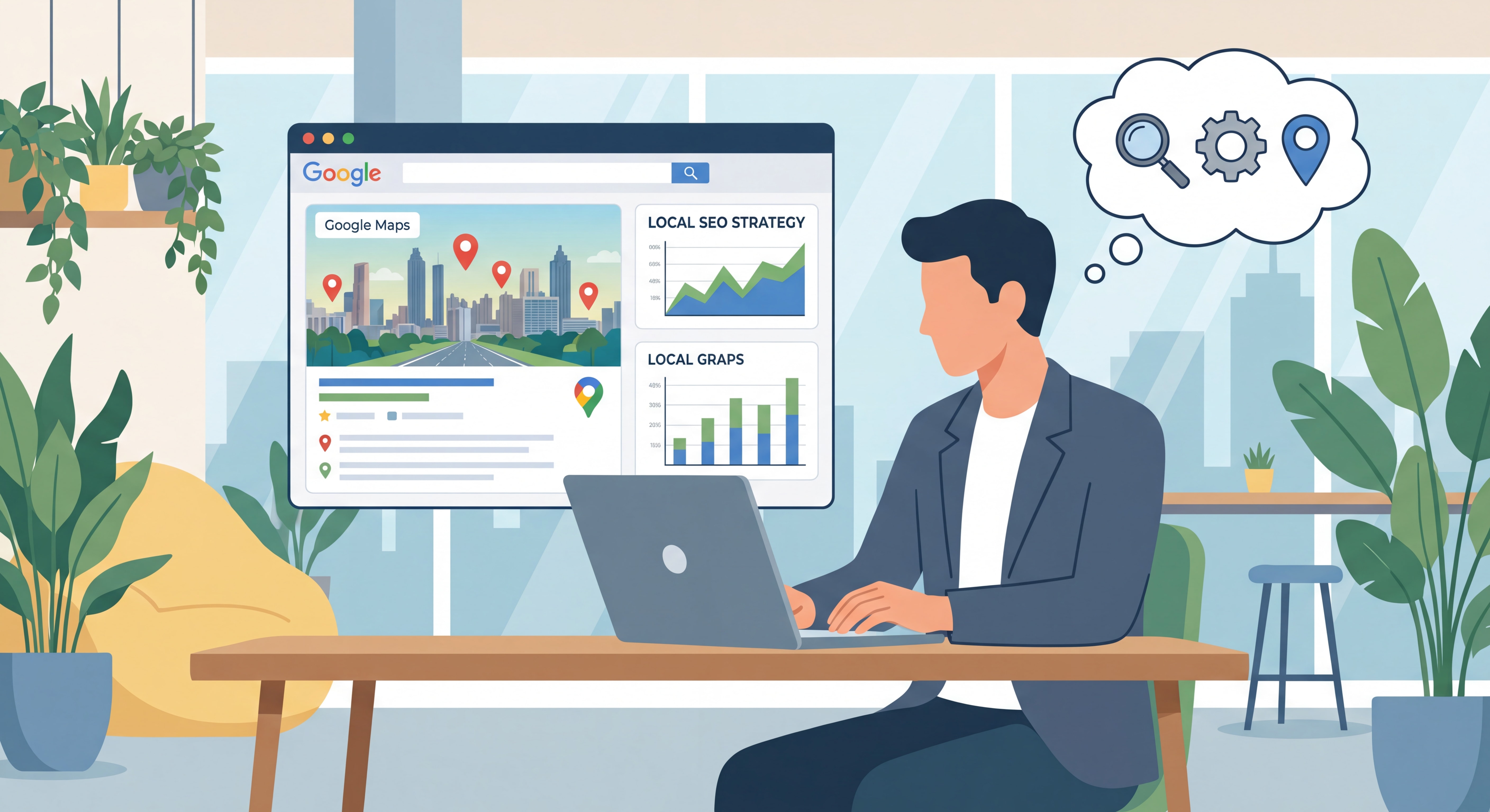 Atlanta business owner reviewing local SEO strategy on laptop with Google Maps open on screen