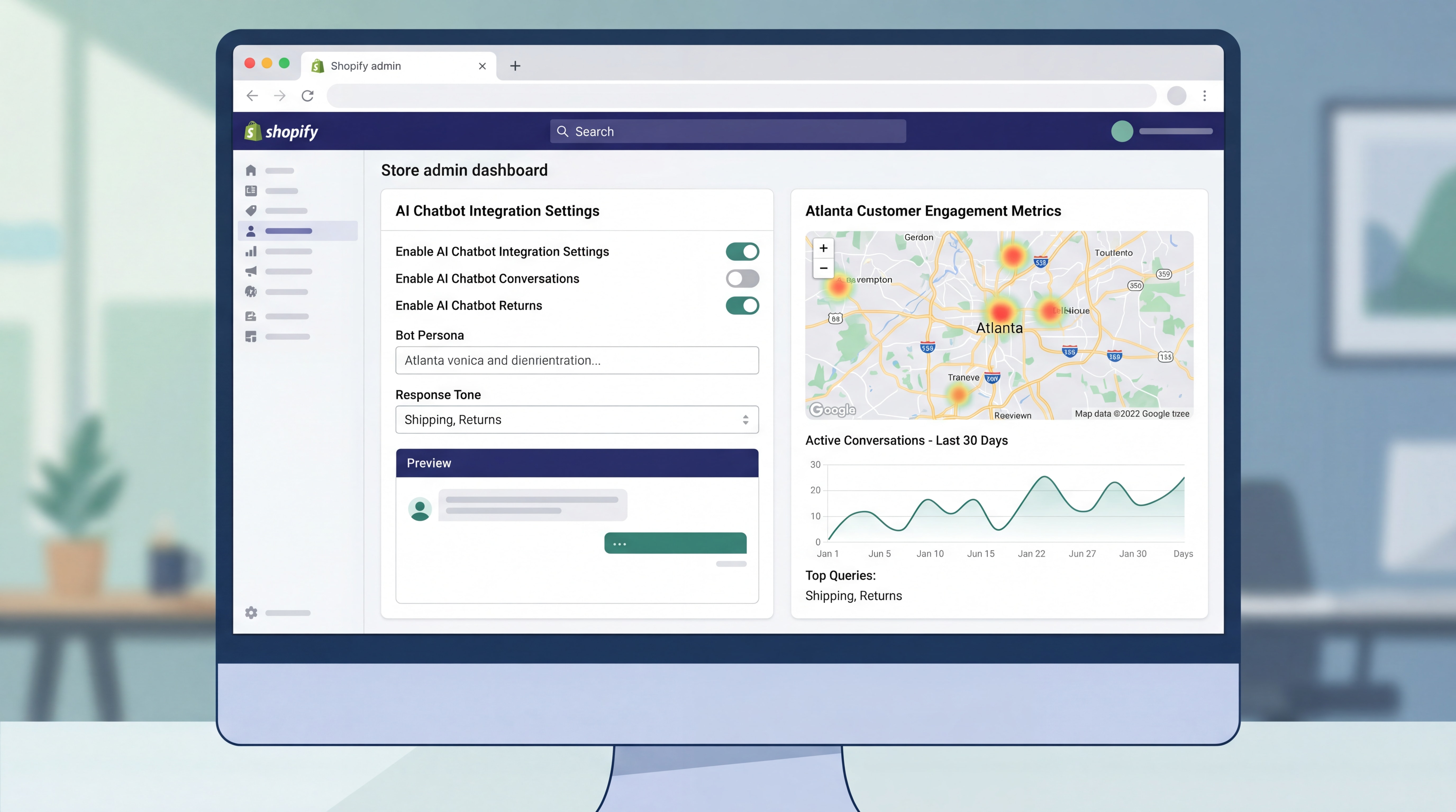 Shopify store dashboard showing AI chatbot integration settings and Atlanta customer engagement metrics
