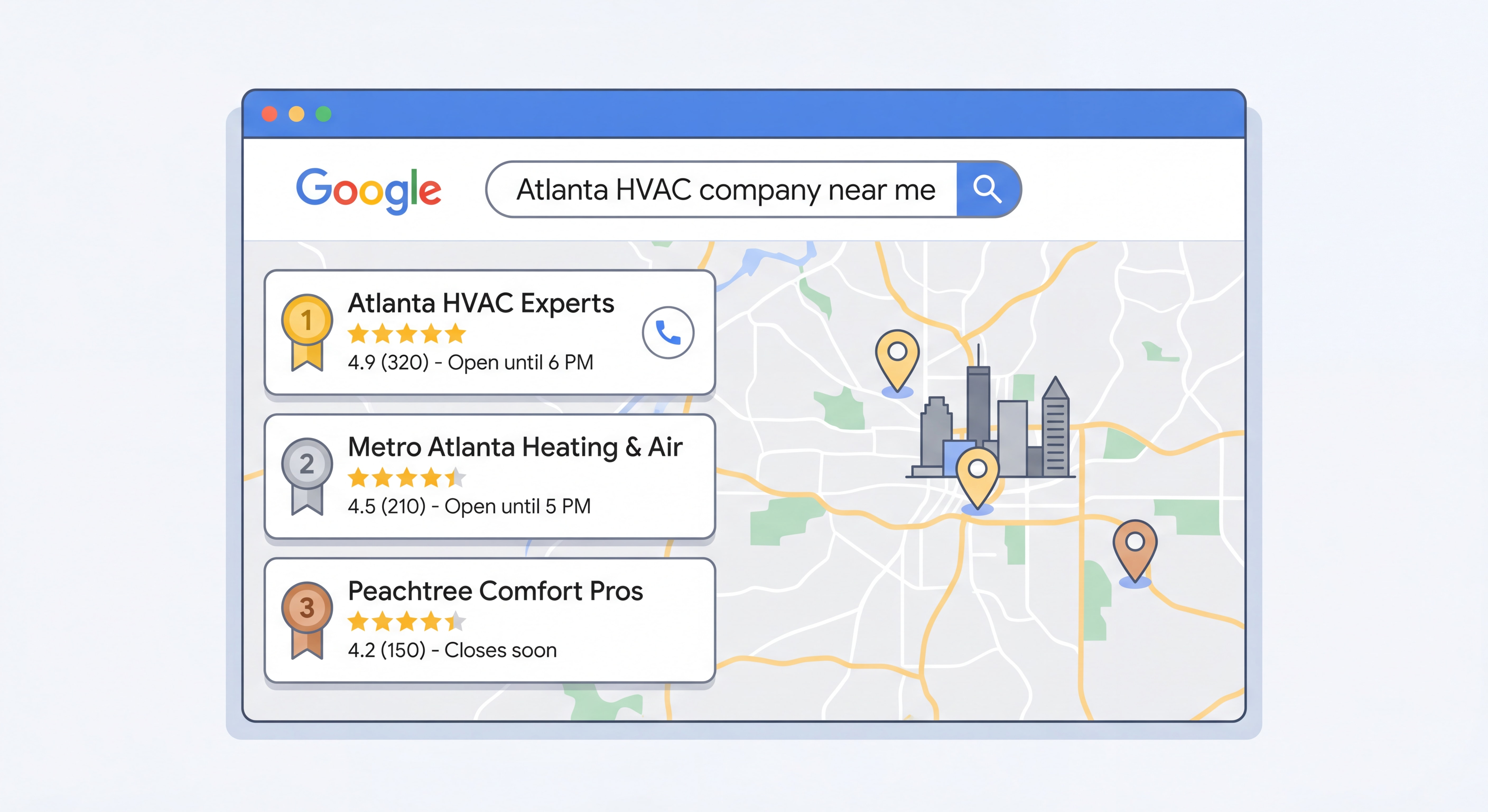 Google Maps 3-pack results showing Atlanta HVAC company ranking for local search terms