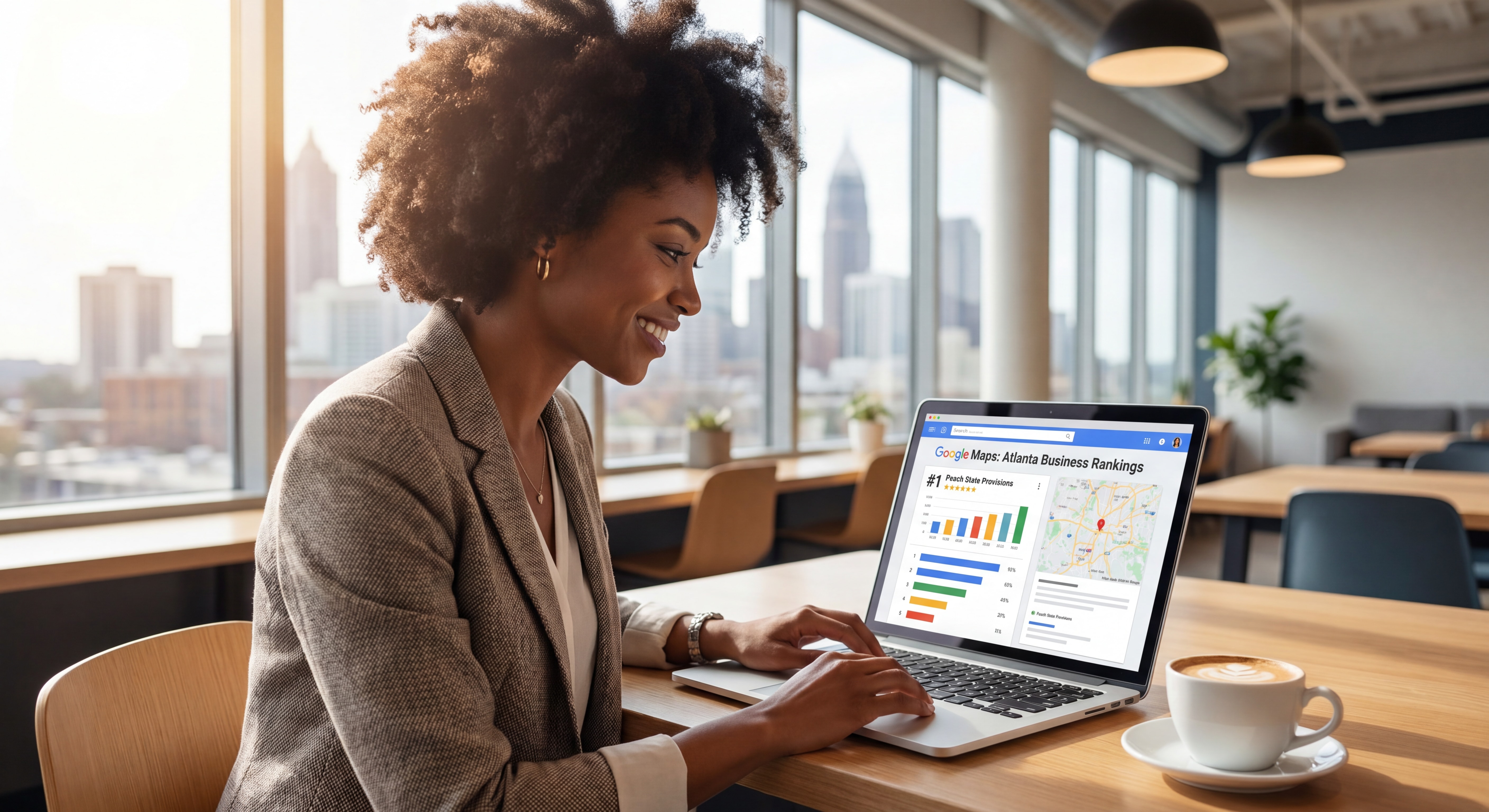 Atlanta small business owner reviewing Google Maps ranking results on laptop screen