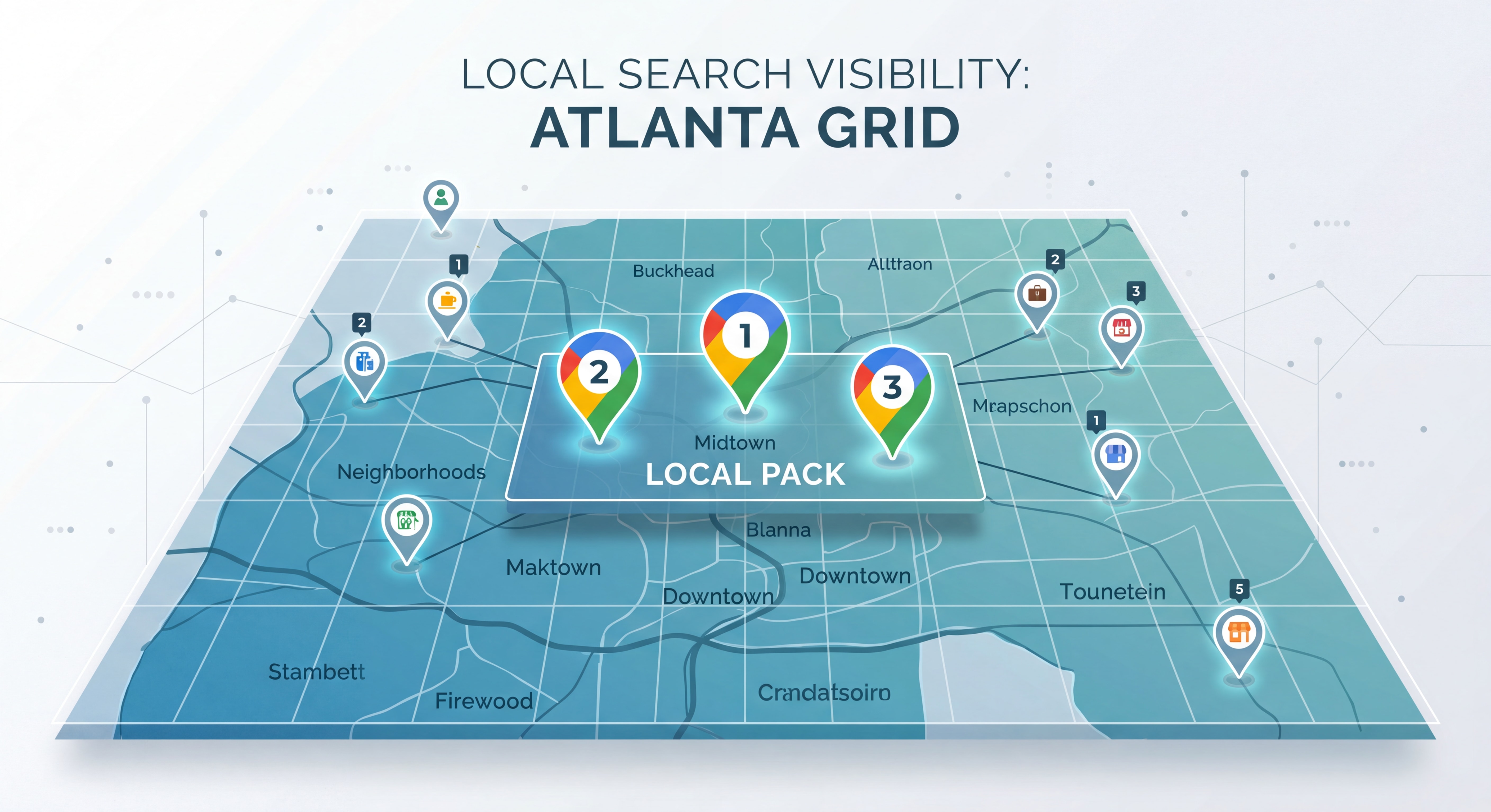 Google Maps local pack ranking visualization showing Atlanta business positions across neighborhood grid
