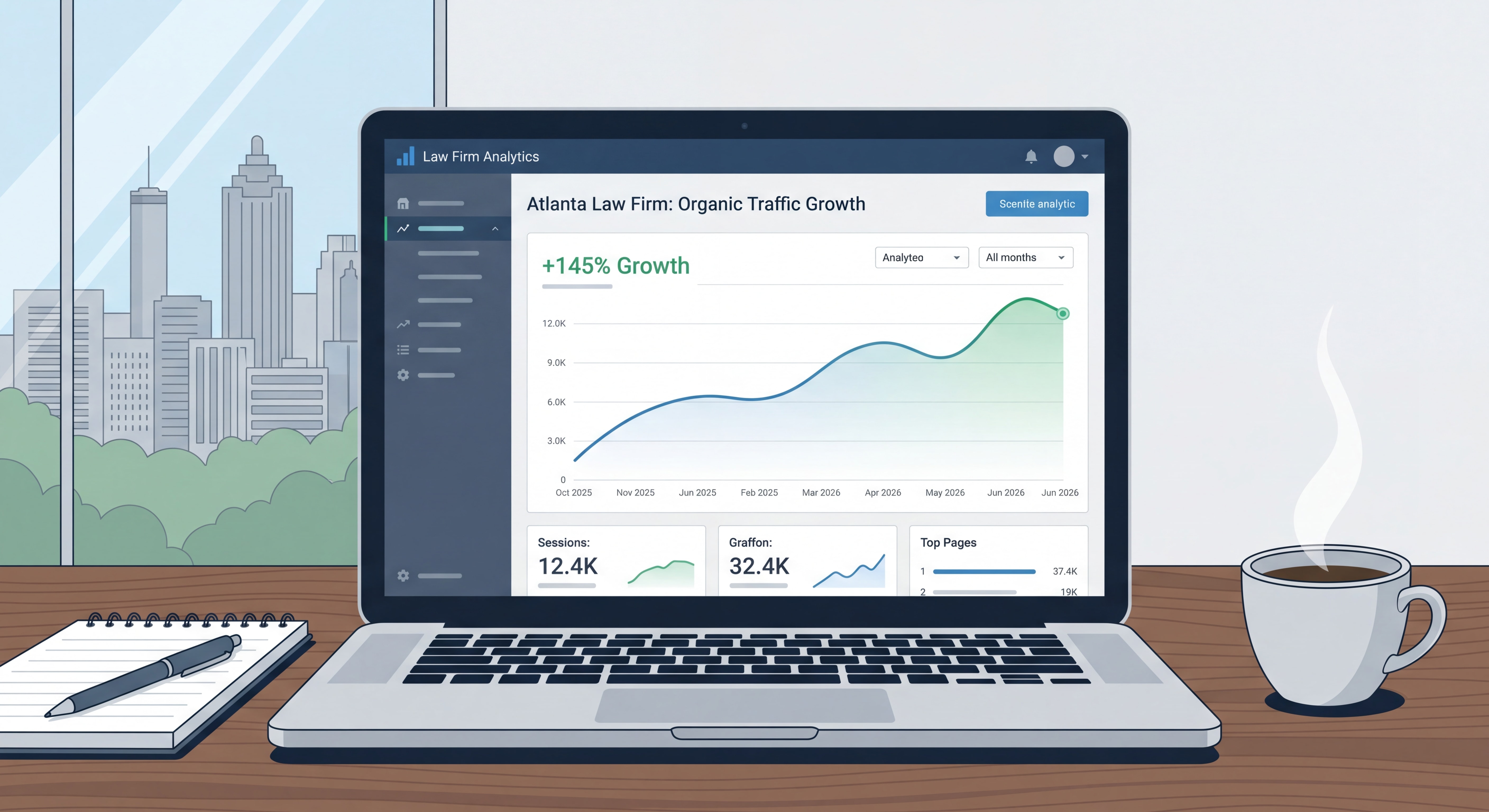 Atlanta law firm website analytics dashboard showing organic traffic growth over 9 months
