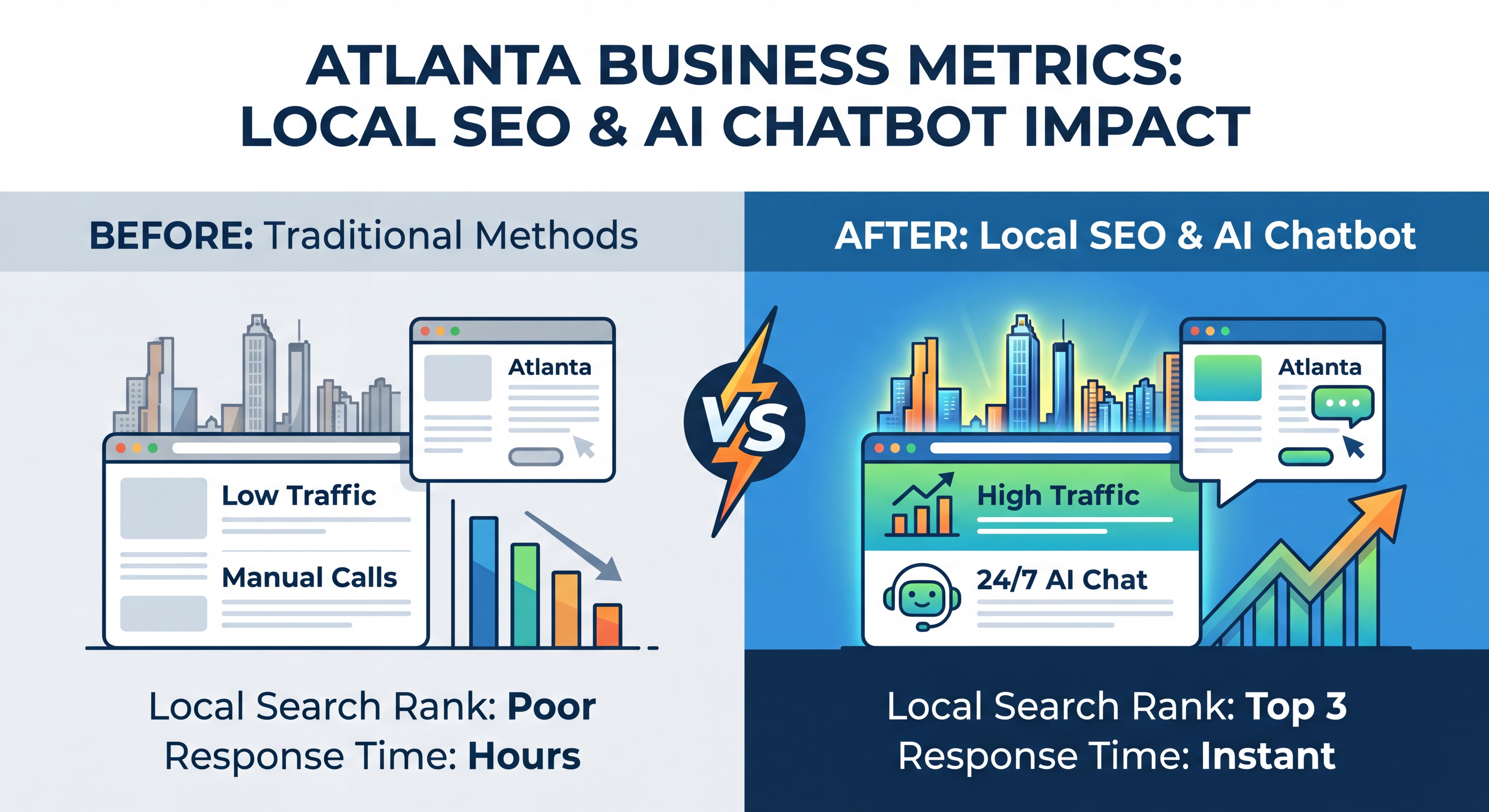 Split comparison graphic showing Atlanta business metrics before and after local SEO and AI chatbot implementation