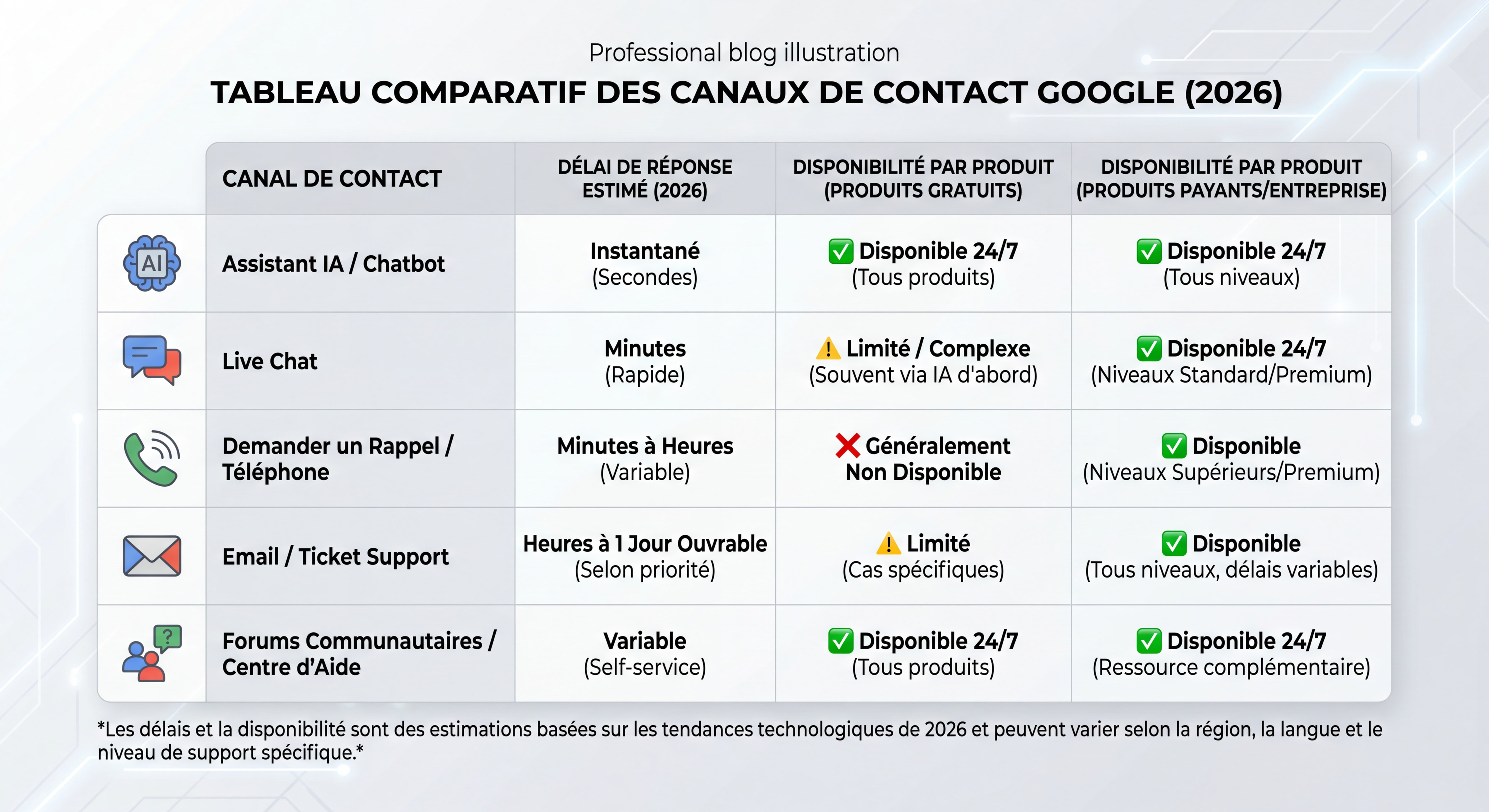Tableau comparatif des canaux de contact Google disponibles en 2026 avec les délais de réponse et la disponibilité par produit