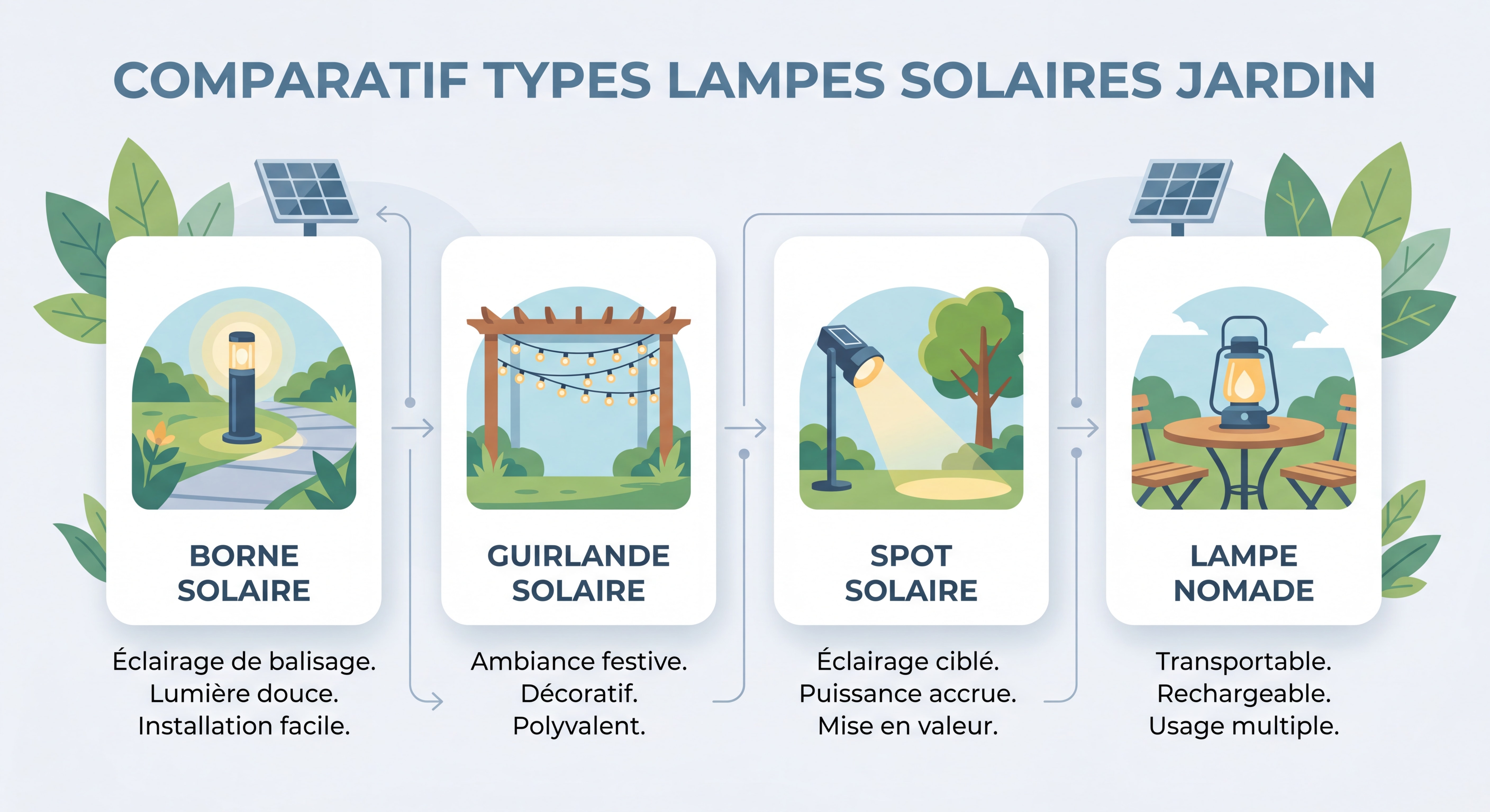 Comparatif types lampes solaires jardin - borne, guirlande, spot et lampe nomade solaire