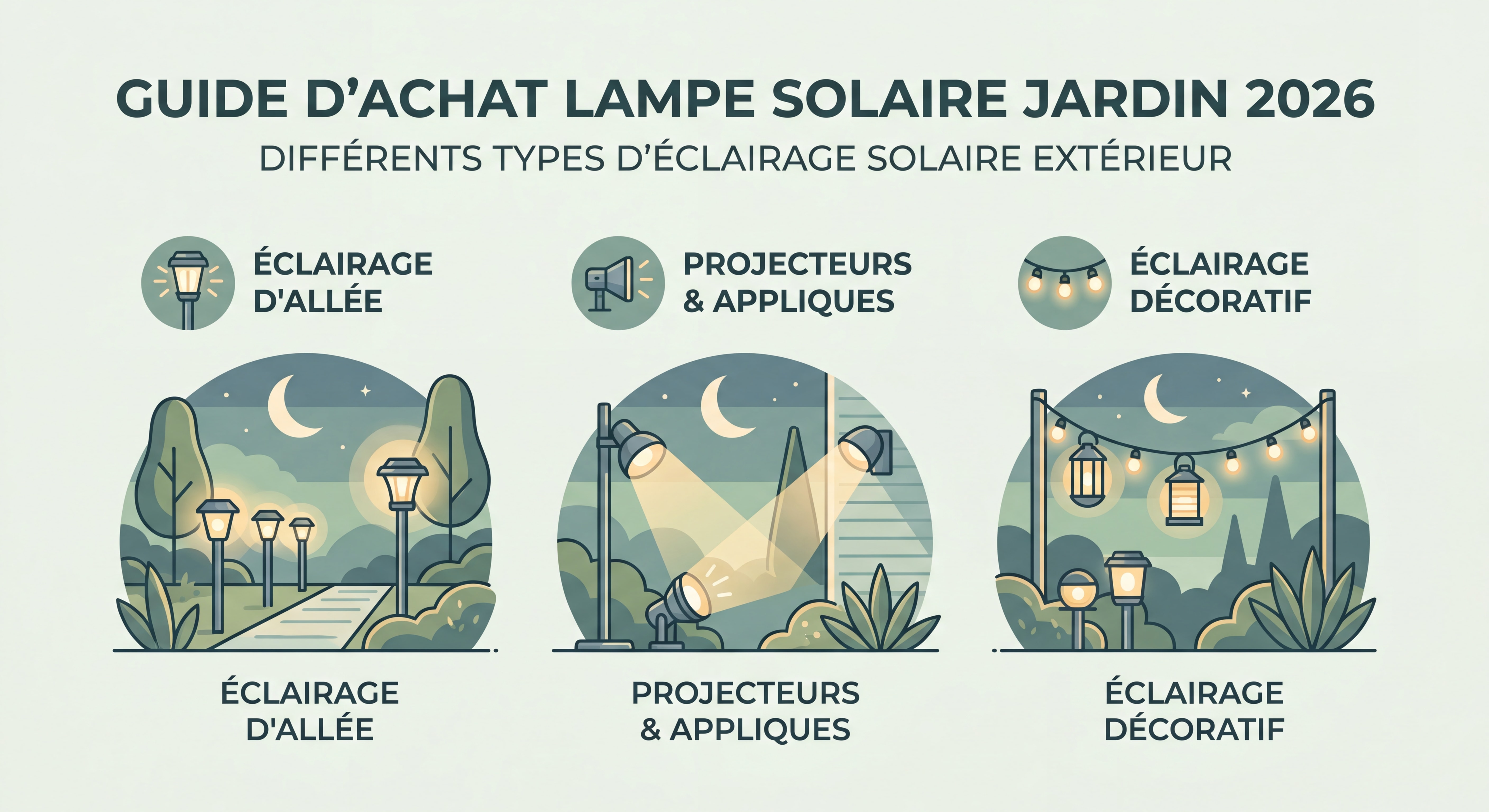 Guide d'achat lampe solaire jardin 2026 - différents types d'éclairage solaire extérieur