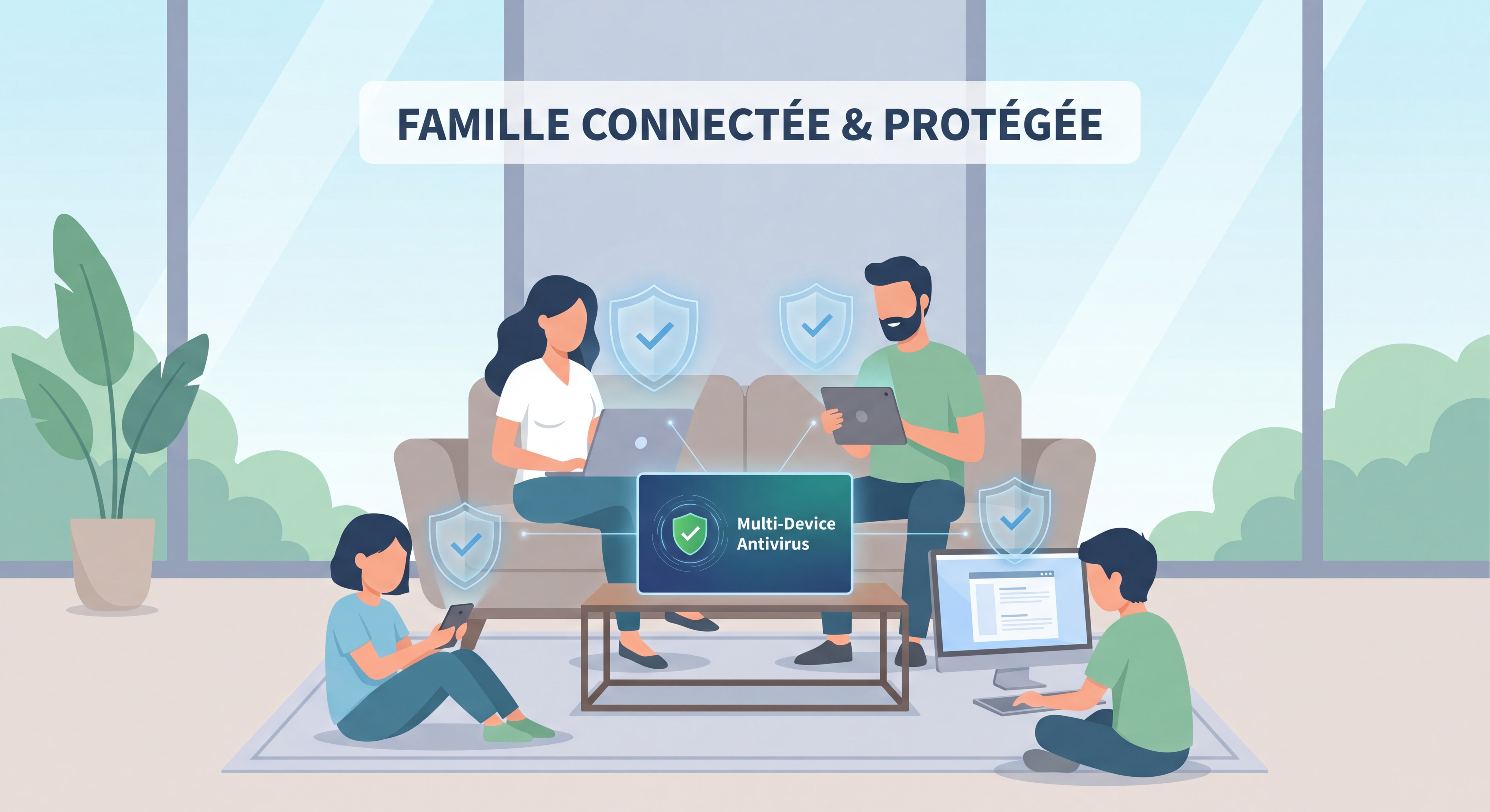 Famille utilisant plusieurs appareils connectés à la maison protégés par un antivirus multi appareils - parents et enfants sur ordinateur, tablette et smartphone
