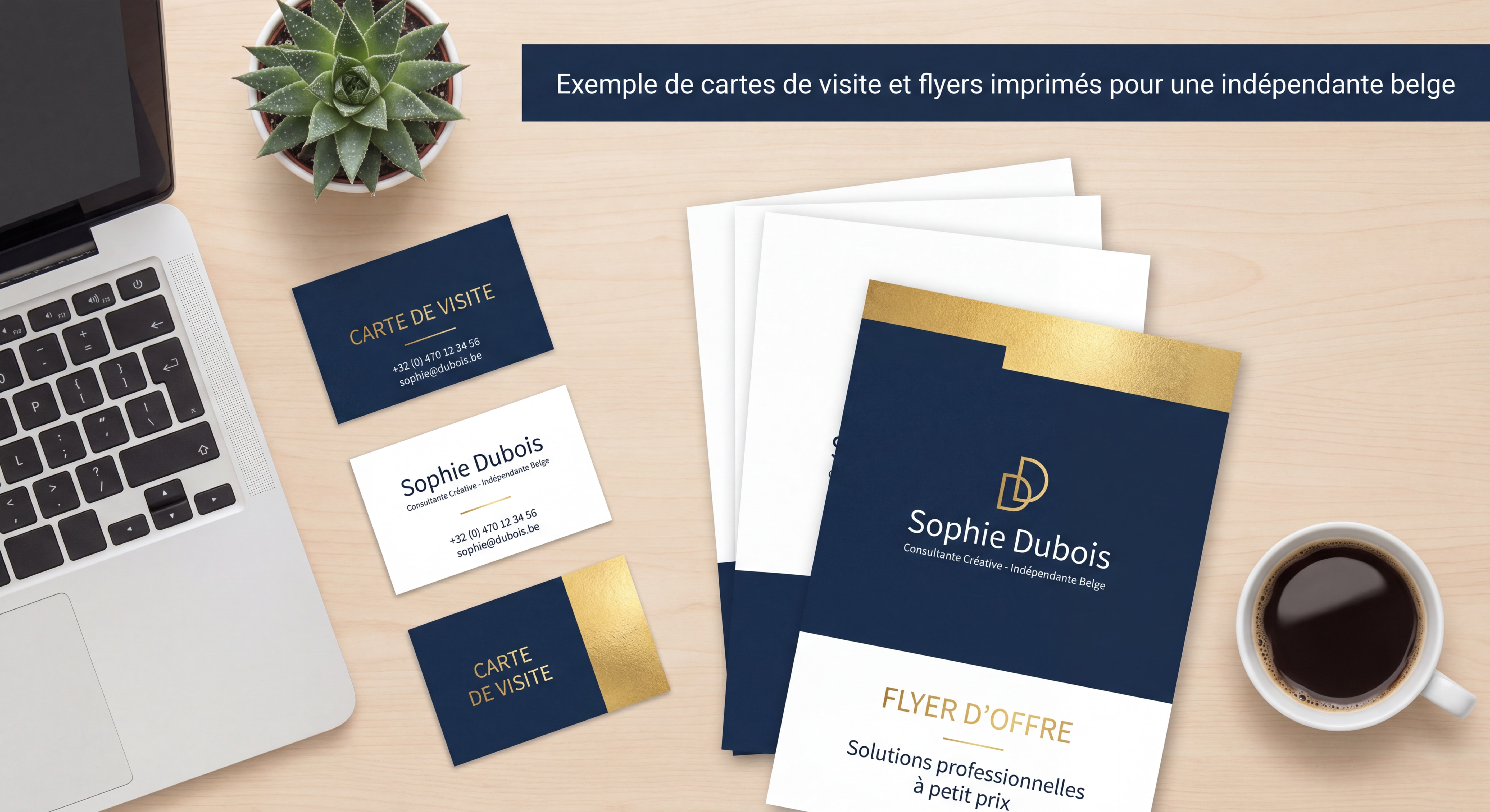 Exemple de cartes de visite et flyers imprimés pour une indépendante belge — résultat professionnel à petit prix
