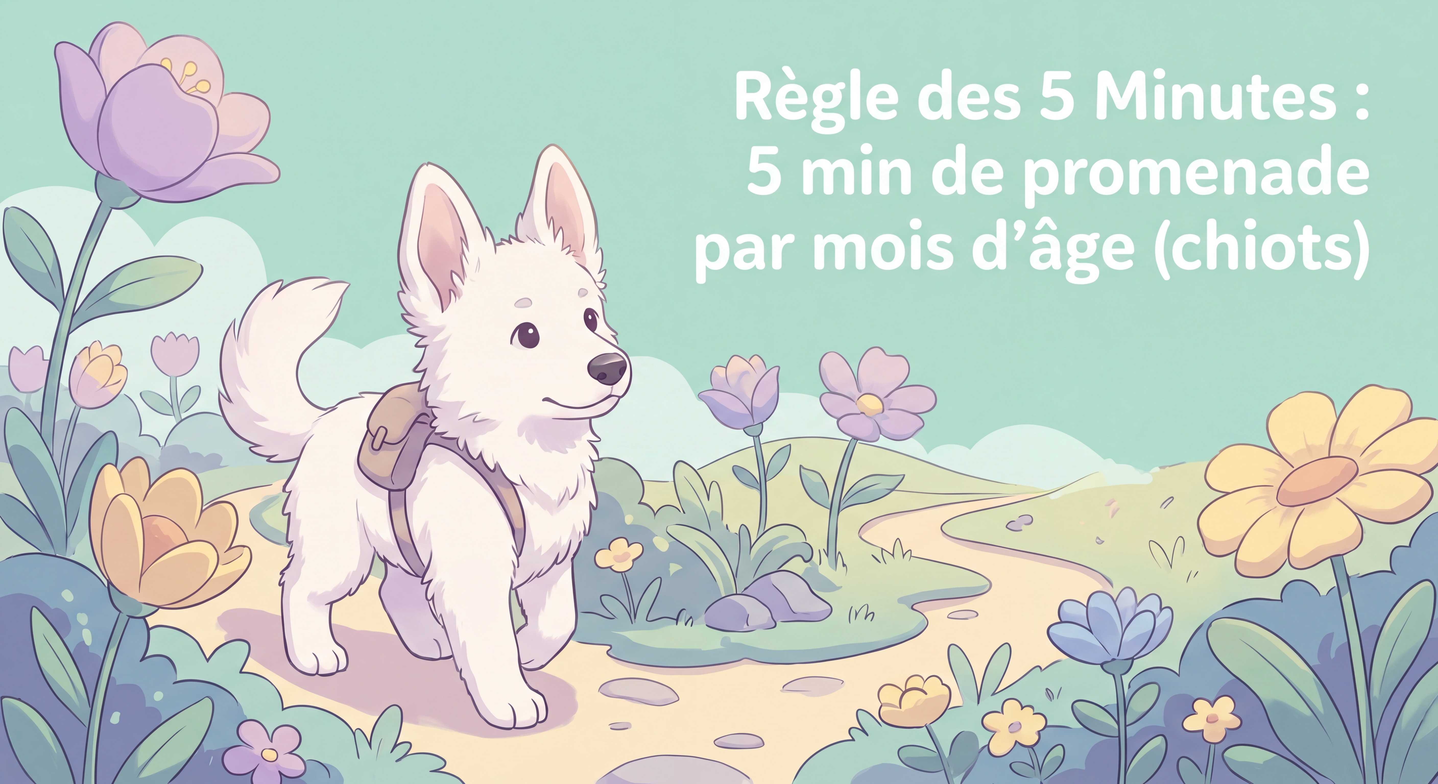Illustration numérique artistique d'un adorable chiot berger blanc suisse explorant un jardin fleuri, style dessin numérique doux avec palette de couleurs pastel, texte en français indiquant la règle des 5 minutes par mois d'âge