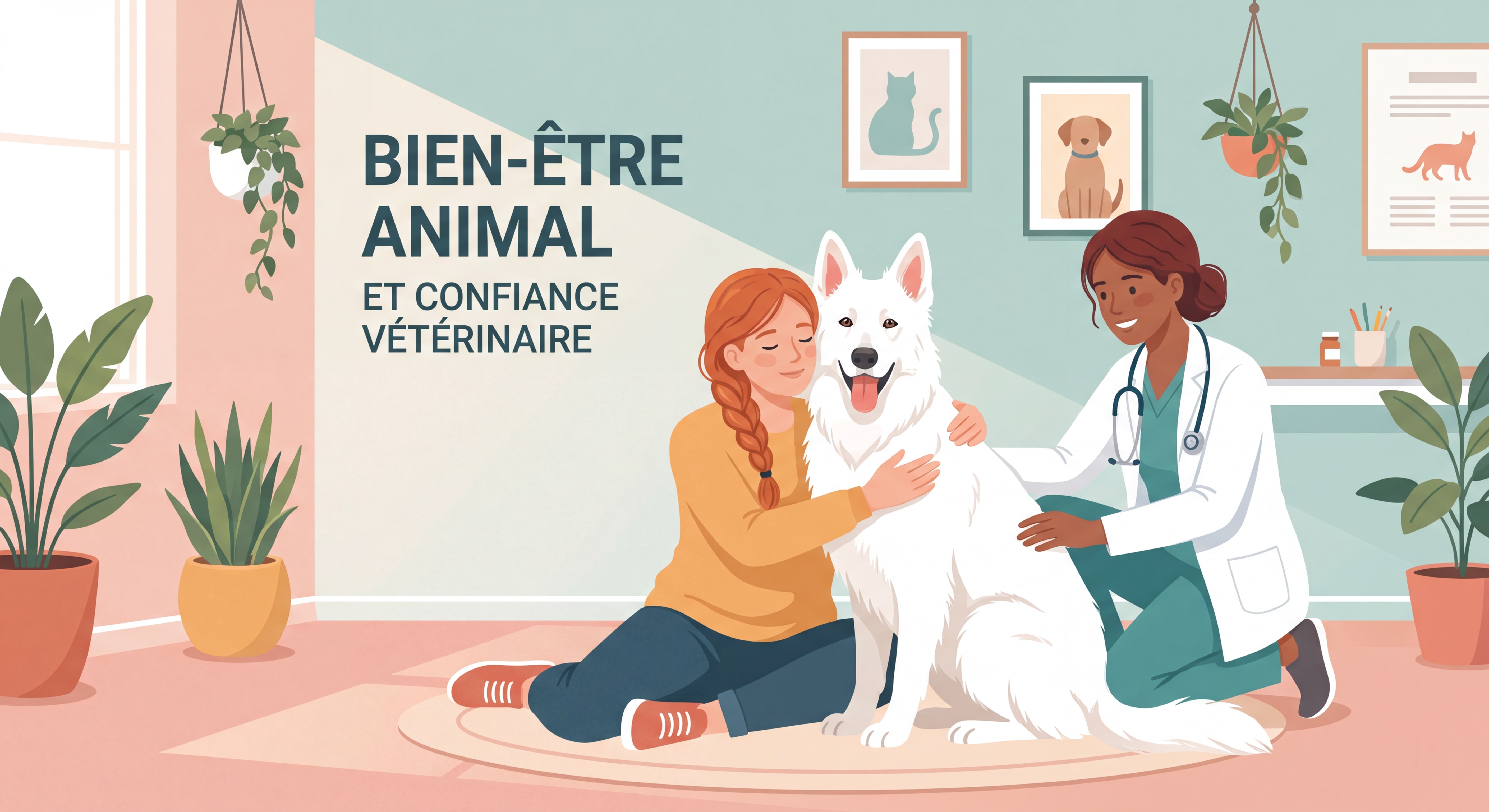 Illustration numérique artistique d'une femme aux cheveux roux en tresse assise dans un cabinet vétérinaire avec son berger blanc suisse, ambiance bienveillante et rassurante, style dessin numérique professionnel aux couleurs douces, texte en français