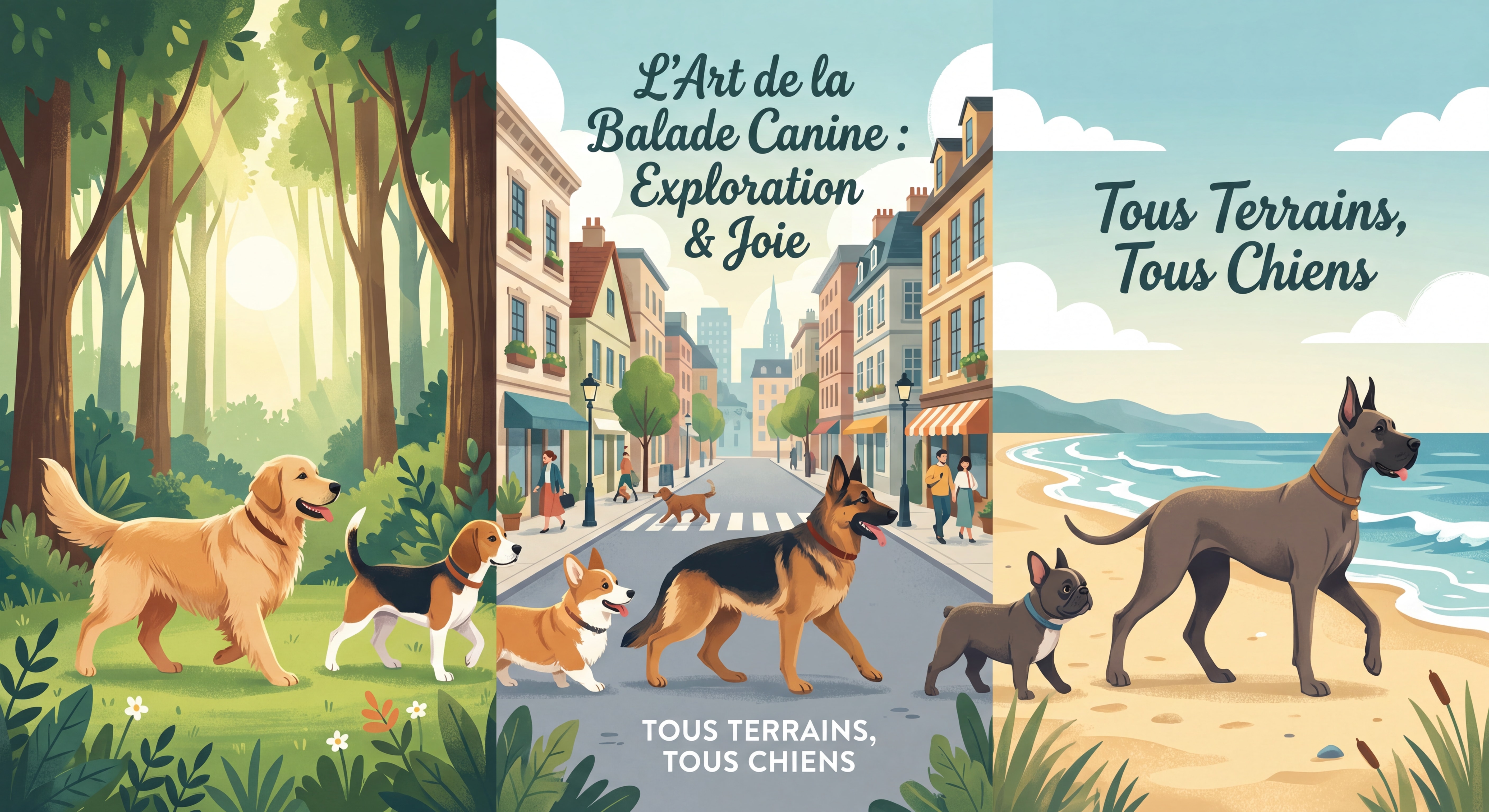 Illustration numérique artistique représentant plusieurs chiens de races et tailles différentes en balade dans différents environnements (forêt, ville, plage), style dessin numérique professionnel aux couleurs harmonieuses, texte en français