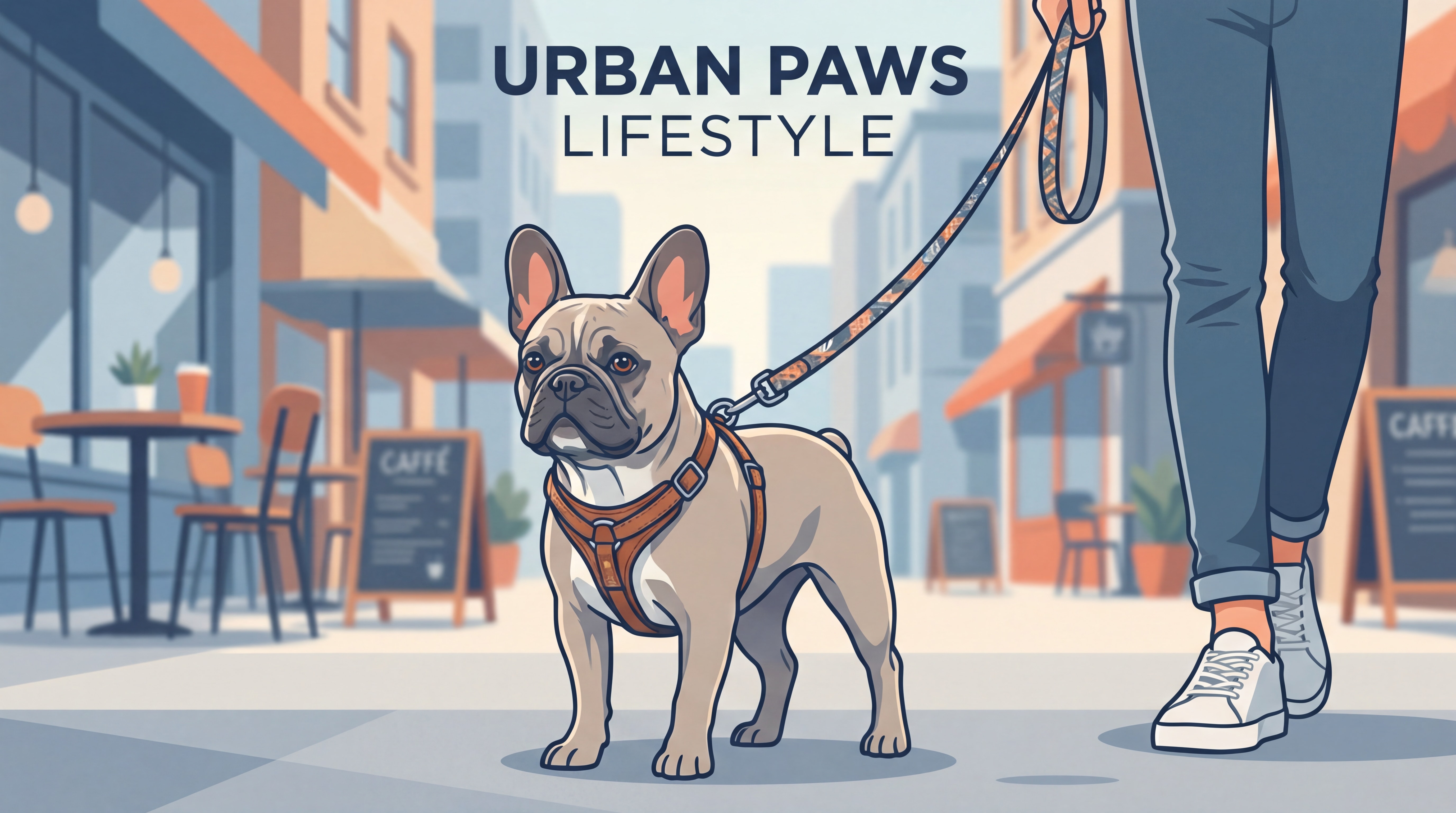 Chien élégant en ville portant un harnais premium et une laisse tendance, promenade urbaine lifestyle