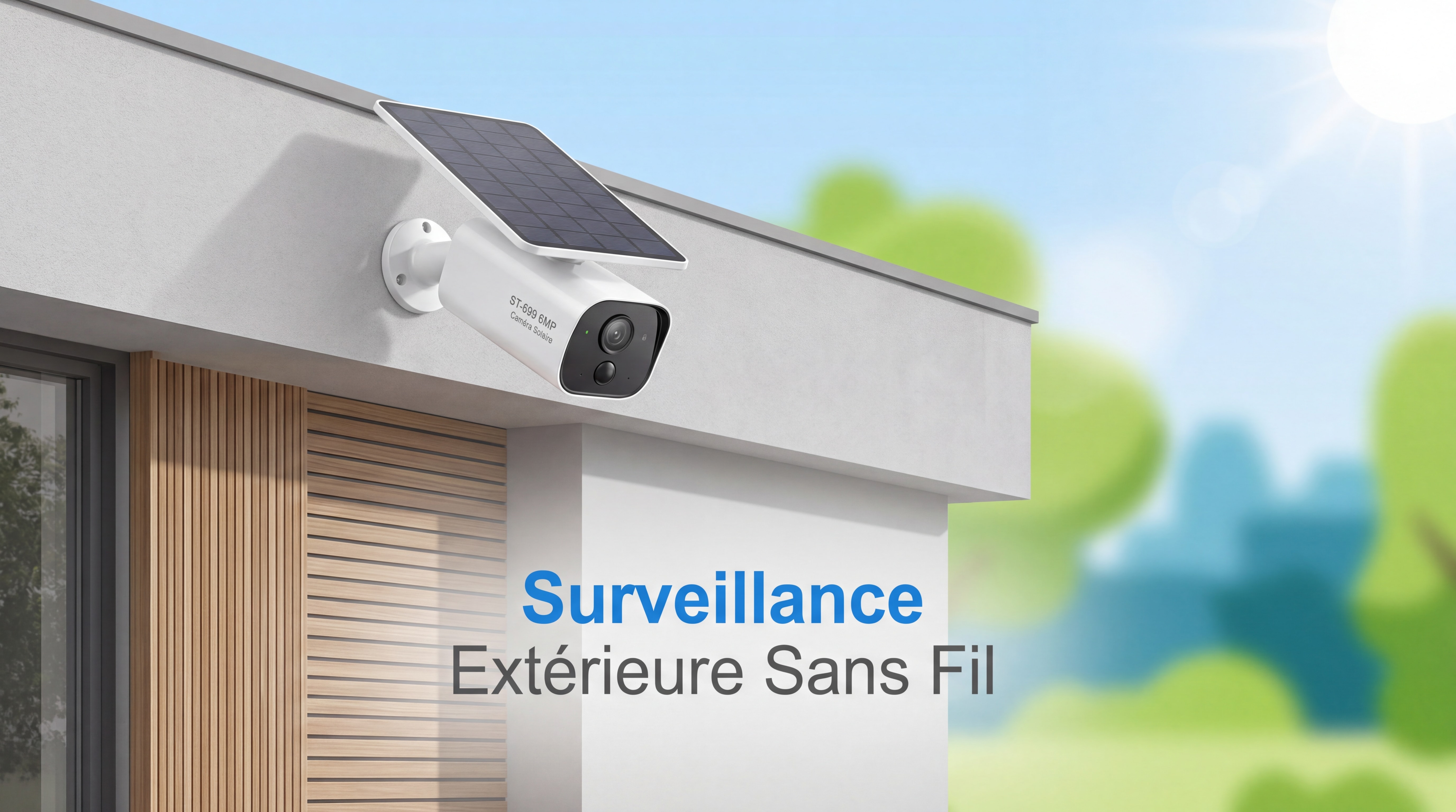 Caméra solaire ST-699 6MP installée sur façade de maison, surveillance extérieure sans câble