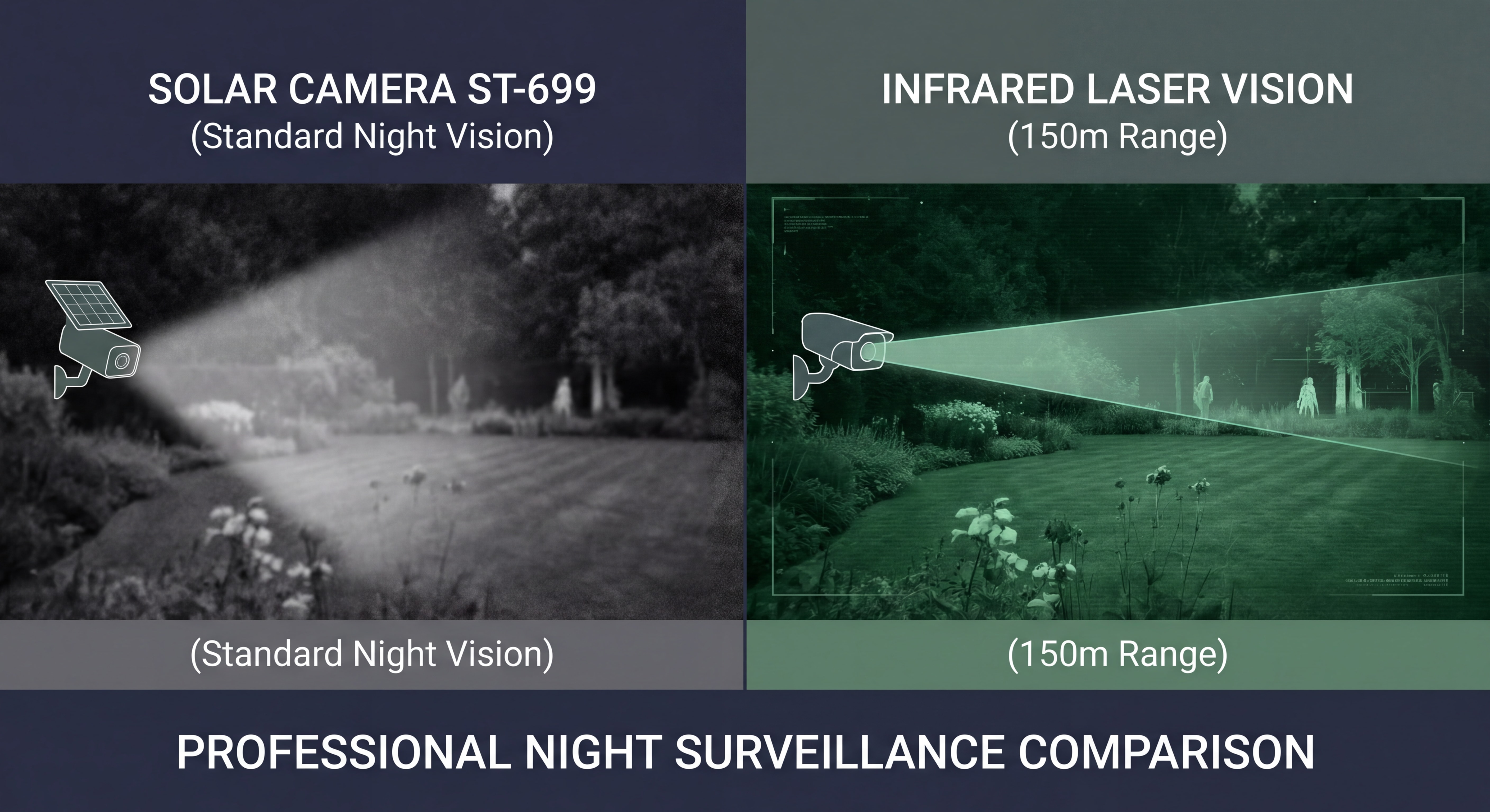 Comparaison image de nuit caméra solaire ST-699 avec vision laser infrarouge 150 mètres, surveillance nocturne extérieure