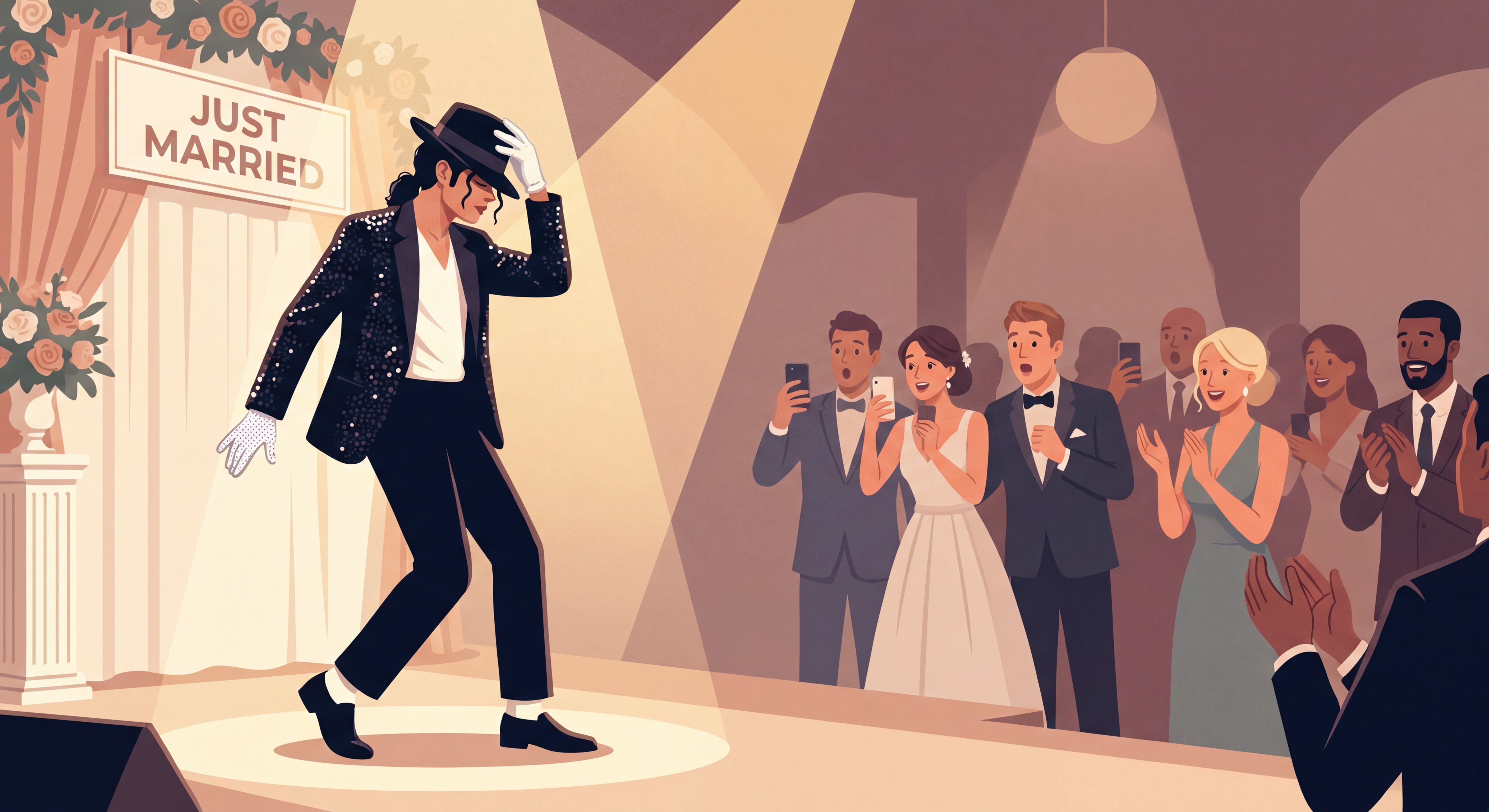 Artiste transformiste sosie Michael Jackson en costume sur scène lors d'un mariage, invités ébahis en arrière-plan