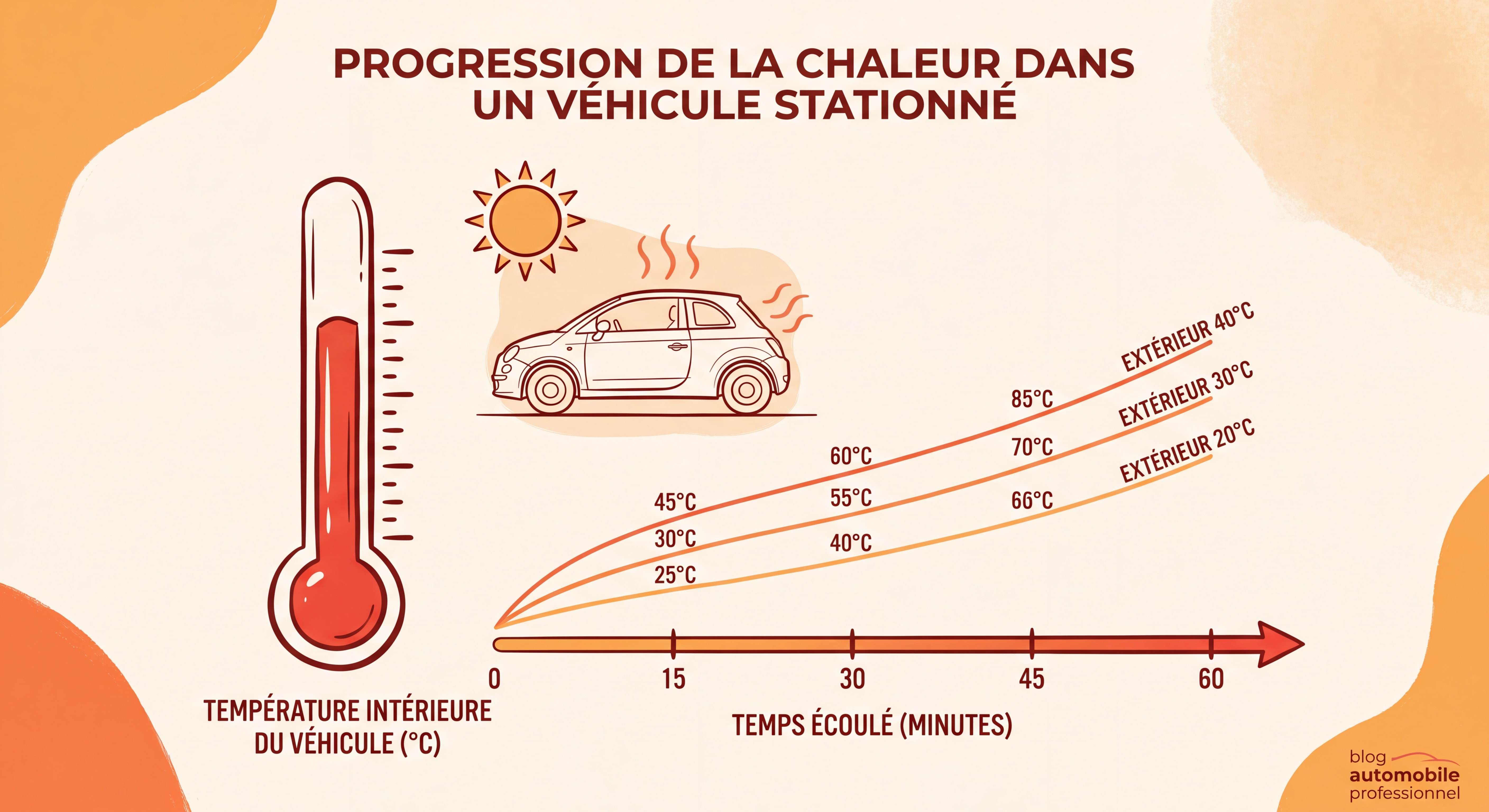 Illustration numérique artistique - infographie style dessin avec thermomètre et voiture, montrant la progression de la température intérieure d'un véhicule selon le temps et la température extérieure, textes en français, palette de couleurs chaudes orangées et rouges, style professionnel
