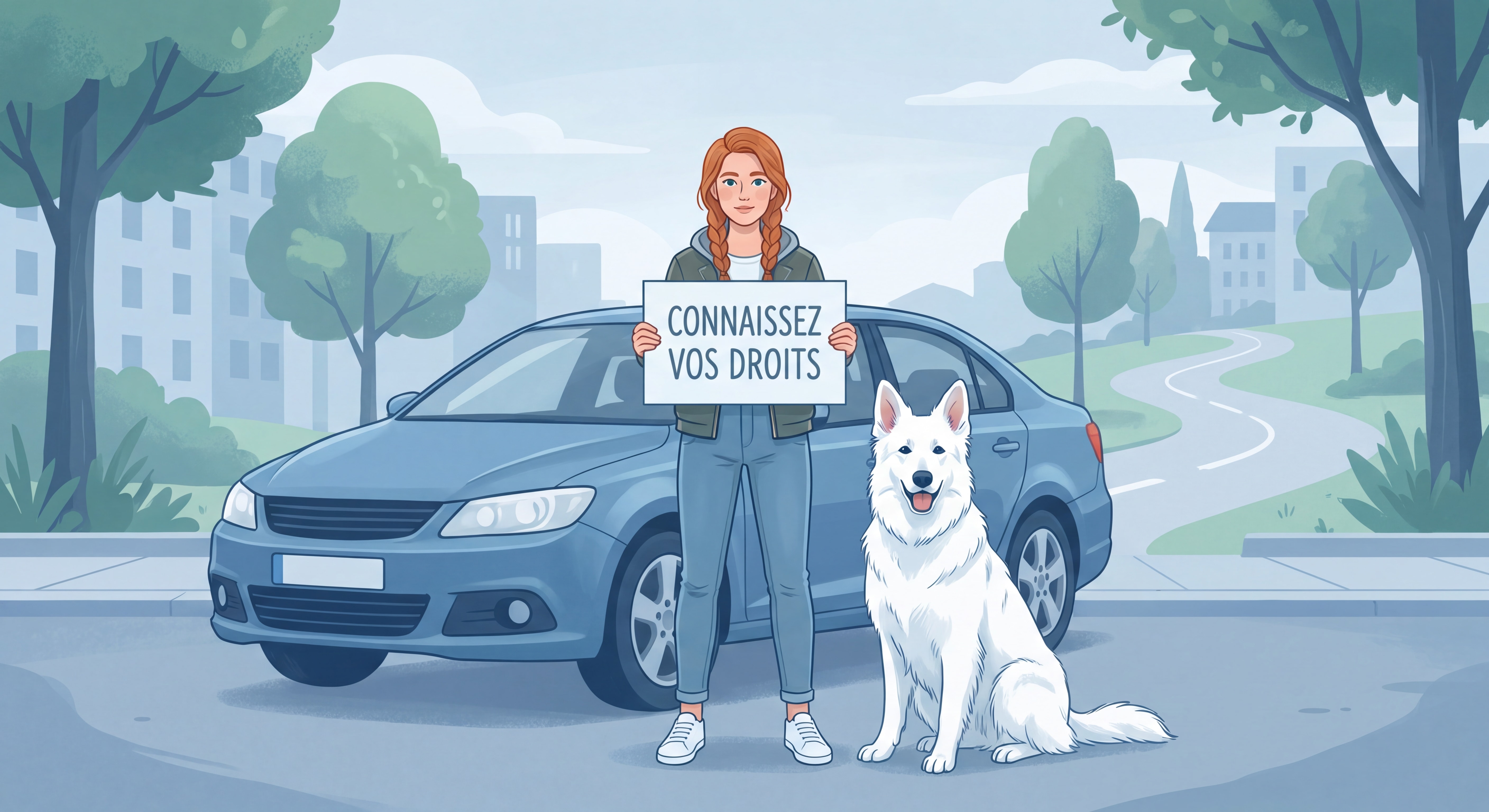 Illustration numérique artistique - femme aux cheveux roux en tresse tenant un panneau "Connaissez vos droits" devant une voiture, berger blanc suisse à ses côtés, style dessin numérique professionnel, couleurs douces bleu et vert, textes en français