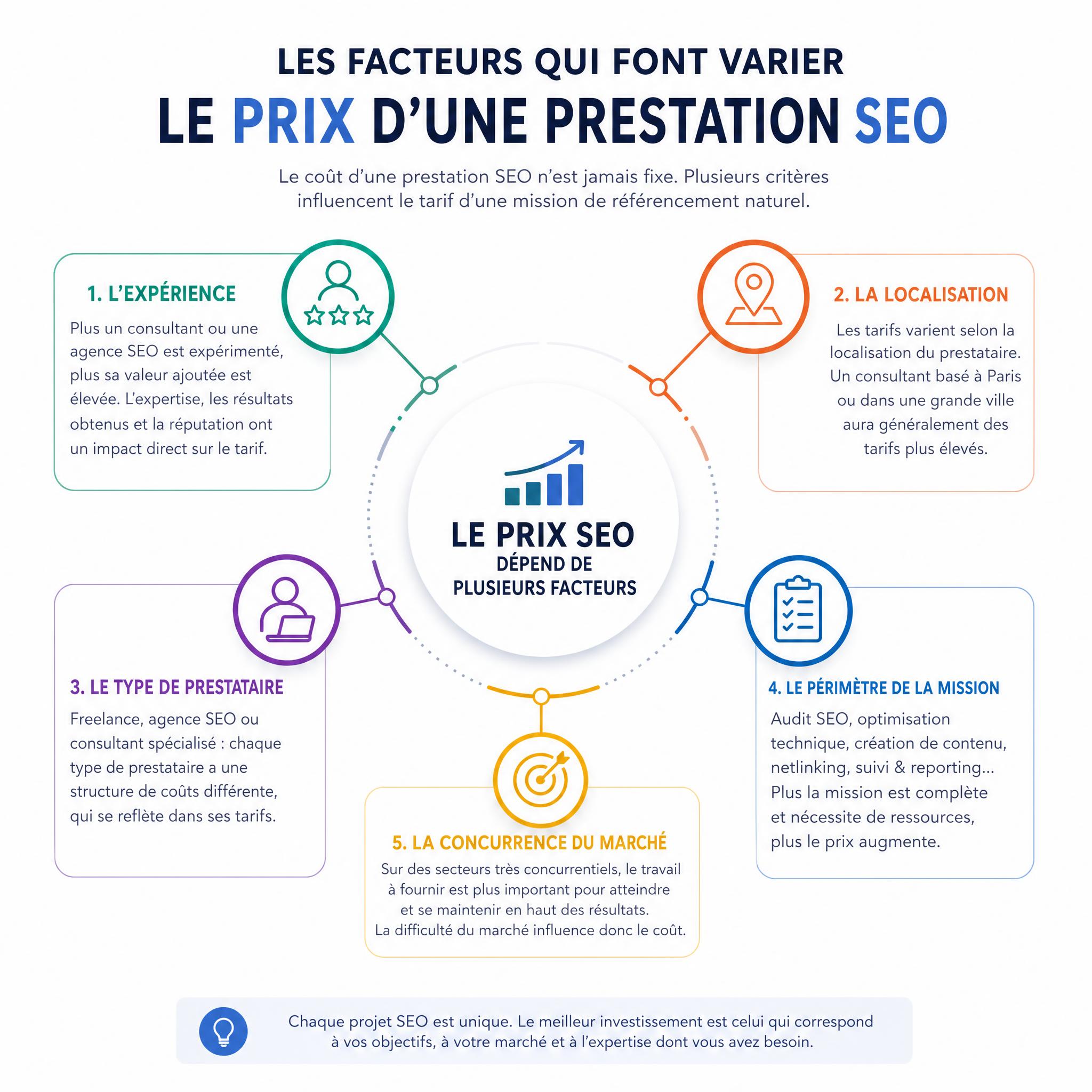 Infographie facteurs qui font varier le prix SEO - expérience localisation type prestataire périmètre marché