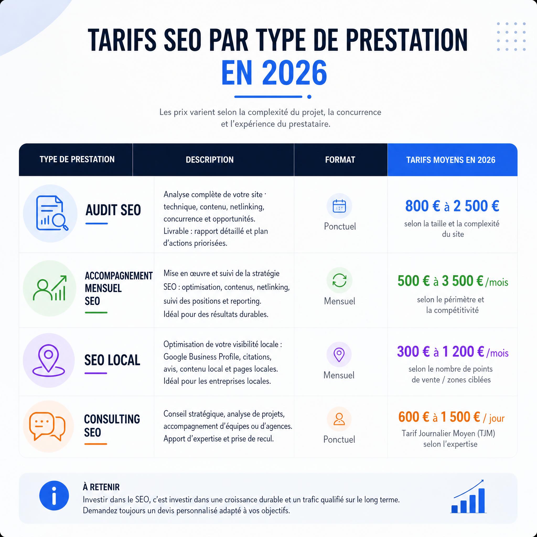 Infographie tableau des tarifs SEO par type de prestation en 2026 - audit accompagnement mensuel SEO local consulting TJM