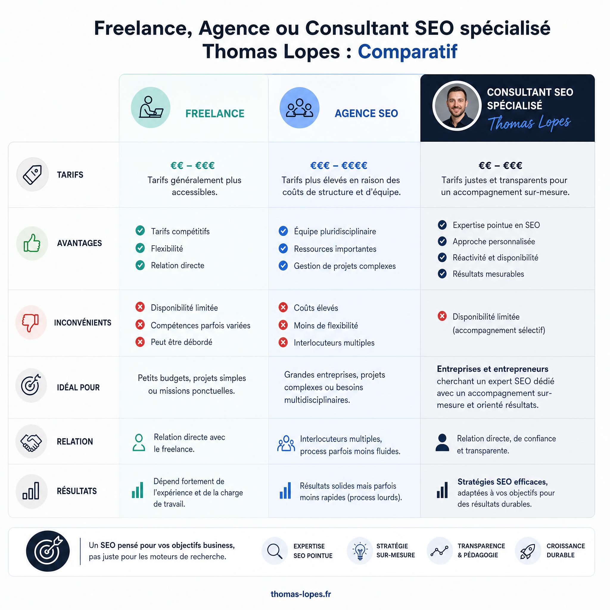 Tableau comparatif visuel freelance vs agence vs consultant SEO spécialisé Thomas Lopes tarifs avantages inconvénients