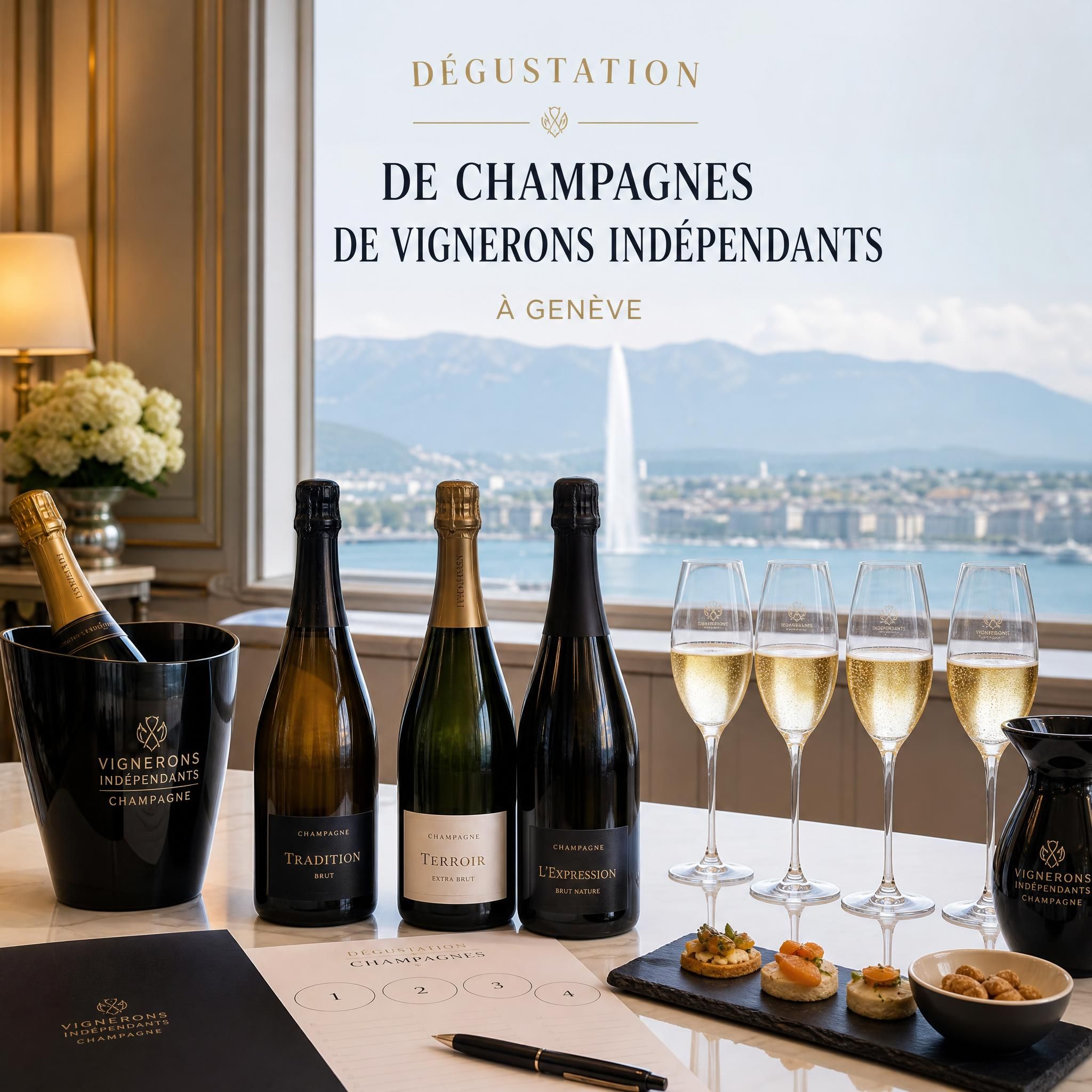 Dégustation de champagnes de vignerons indépendants dans un cadre élégant à Genève, verres flûte et bouteilles sur table