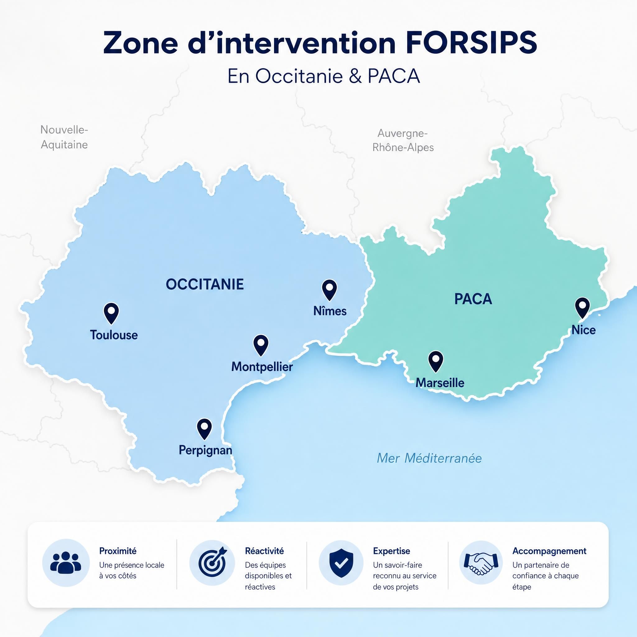 Carte de la zone d'intervention FORSIPS en Occitanie et PACA avec les principales villes couvertes : Perpignan, Montpellier, Nîmes, Toulouse, Marseille, Nice