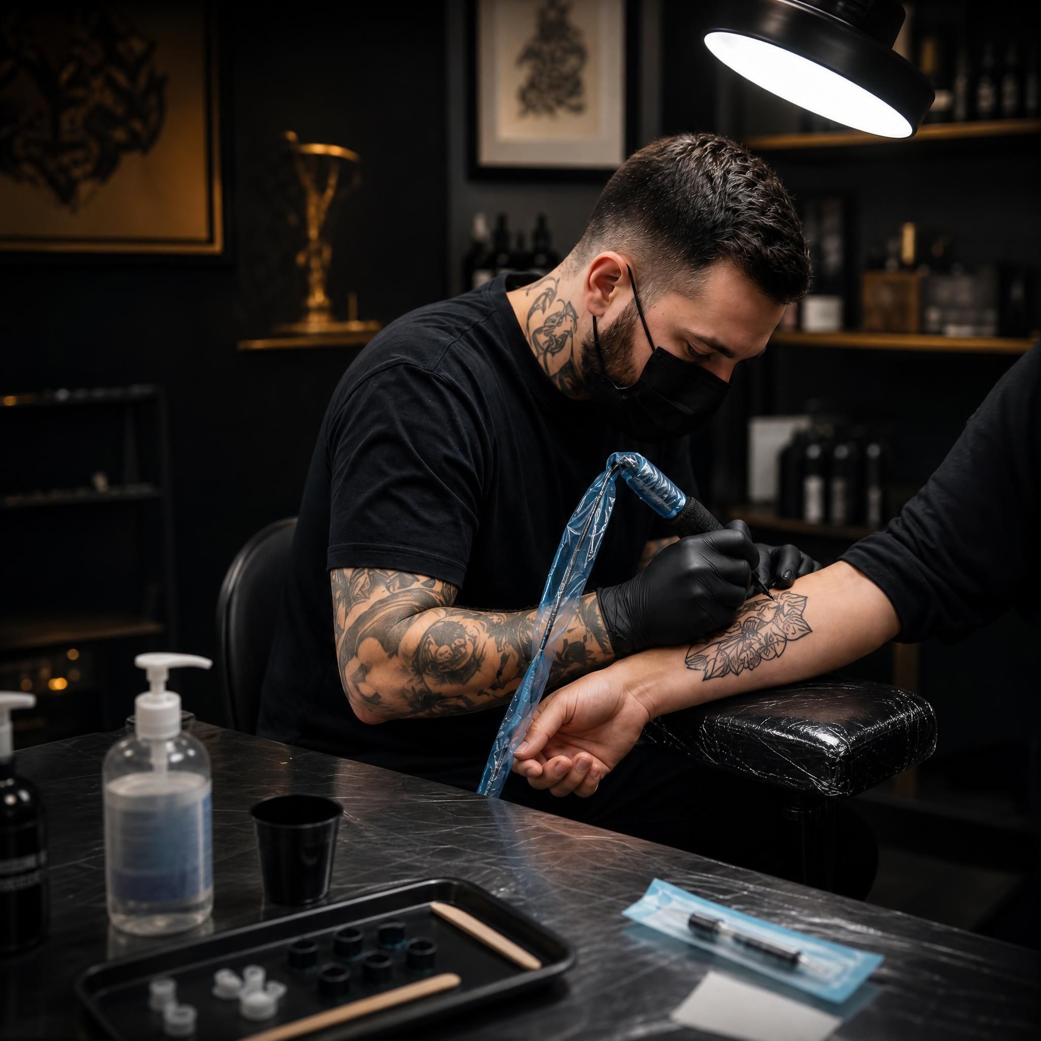Tatoueur professionnel portant des gants nitrile et préparant son poste de travail stérile dans un studio de tatouage conforme aux normes sanitaires