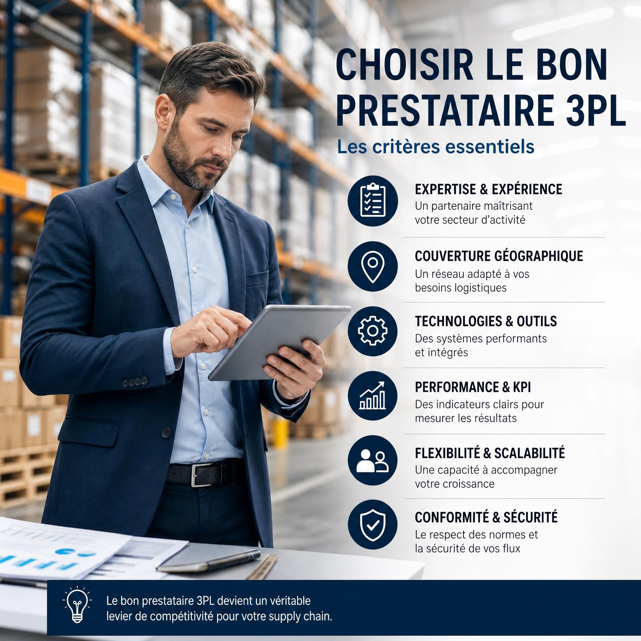 Responsable supply chain consultant des données logistiques sur tablette dans un entrepôt – critères de choix d'un prestataire 3PL