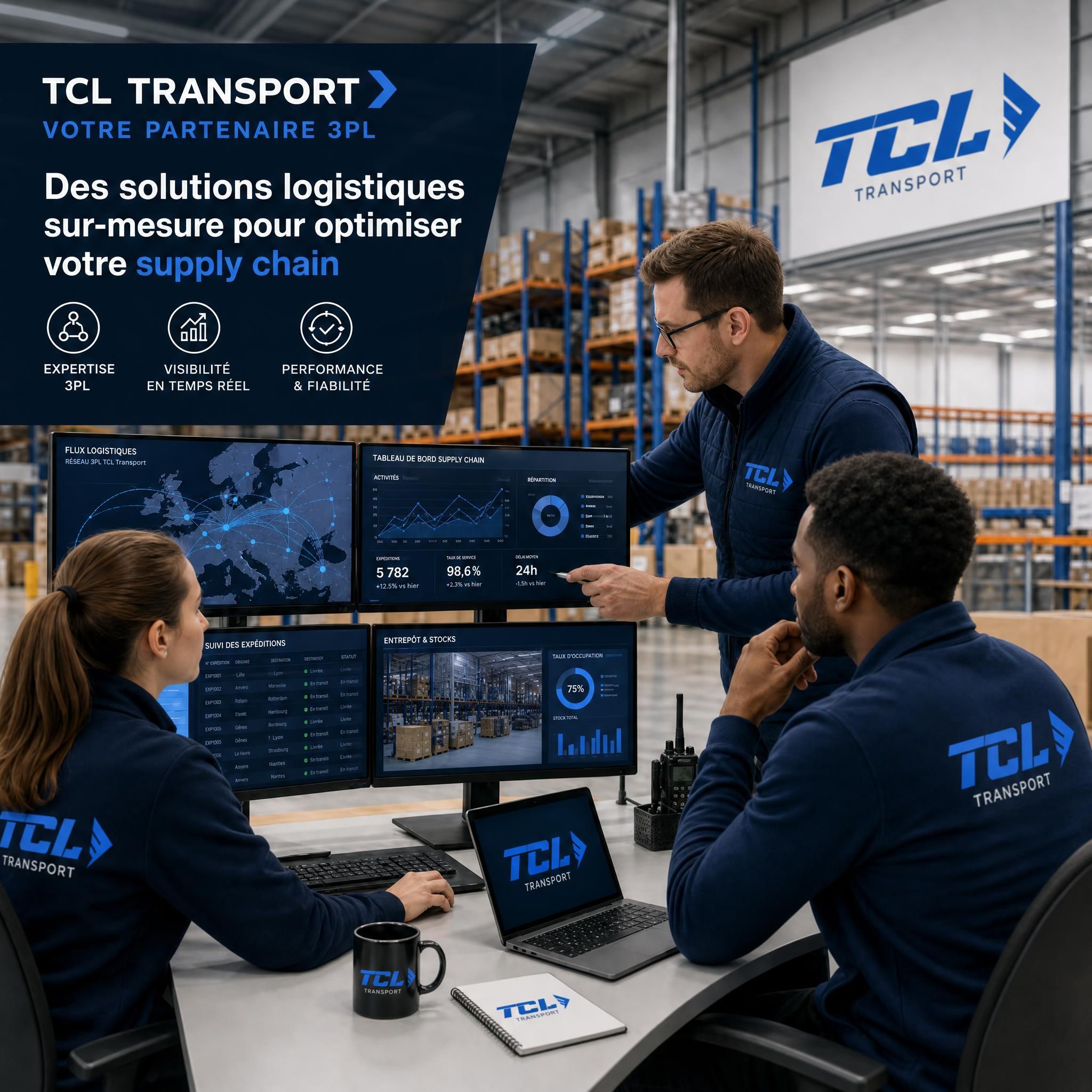 Vue aérienne d'un entrepôt logistique moderne avec camions, avions cargo et conteneurs maritimes – transport multimodal TCL Transport