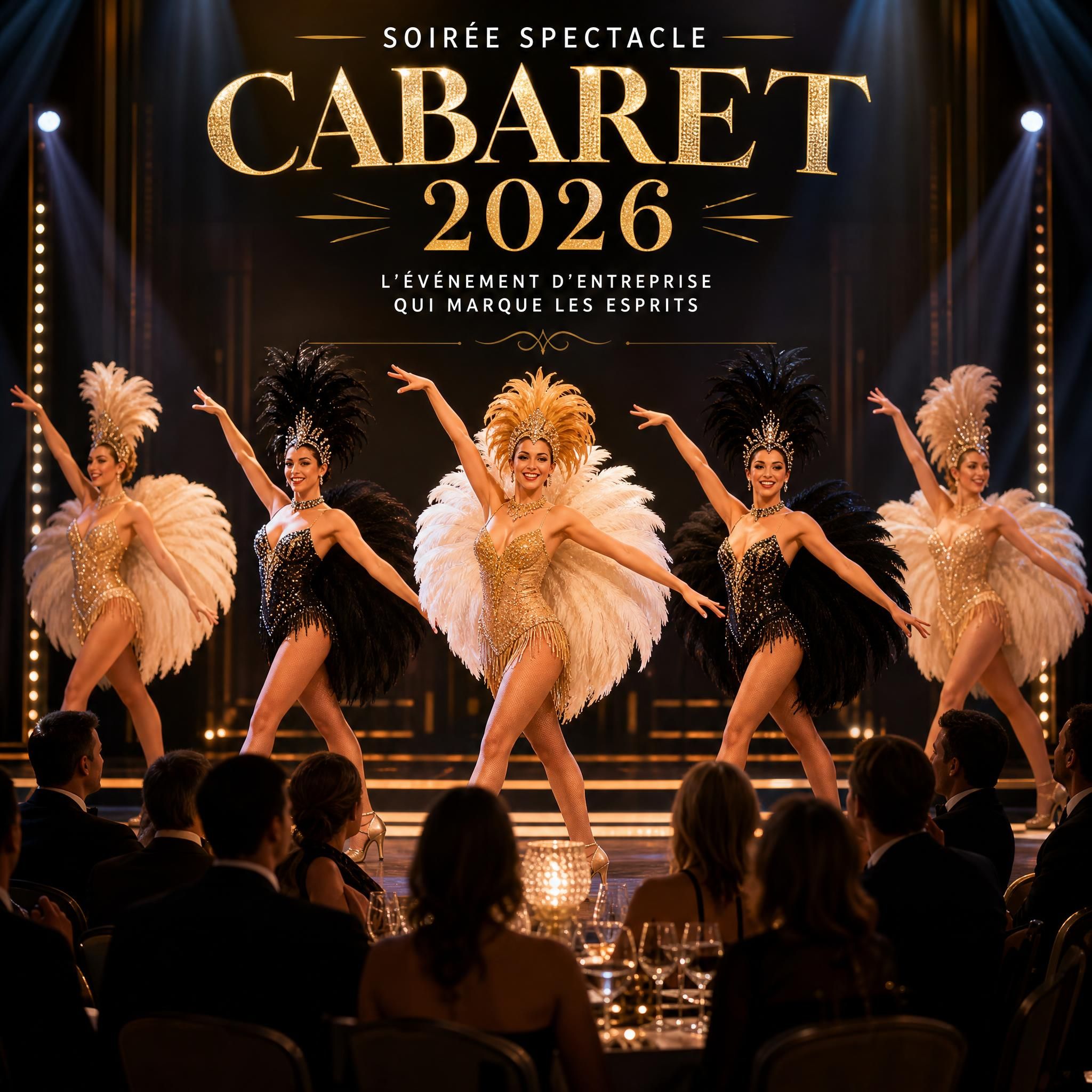 Soirée spectacle cabaret 2026 avec danseuses en costumes glamour sur scène lors d'un événement d'entreprise haut de gamme