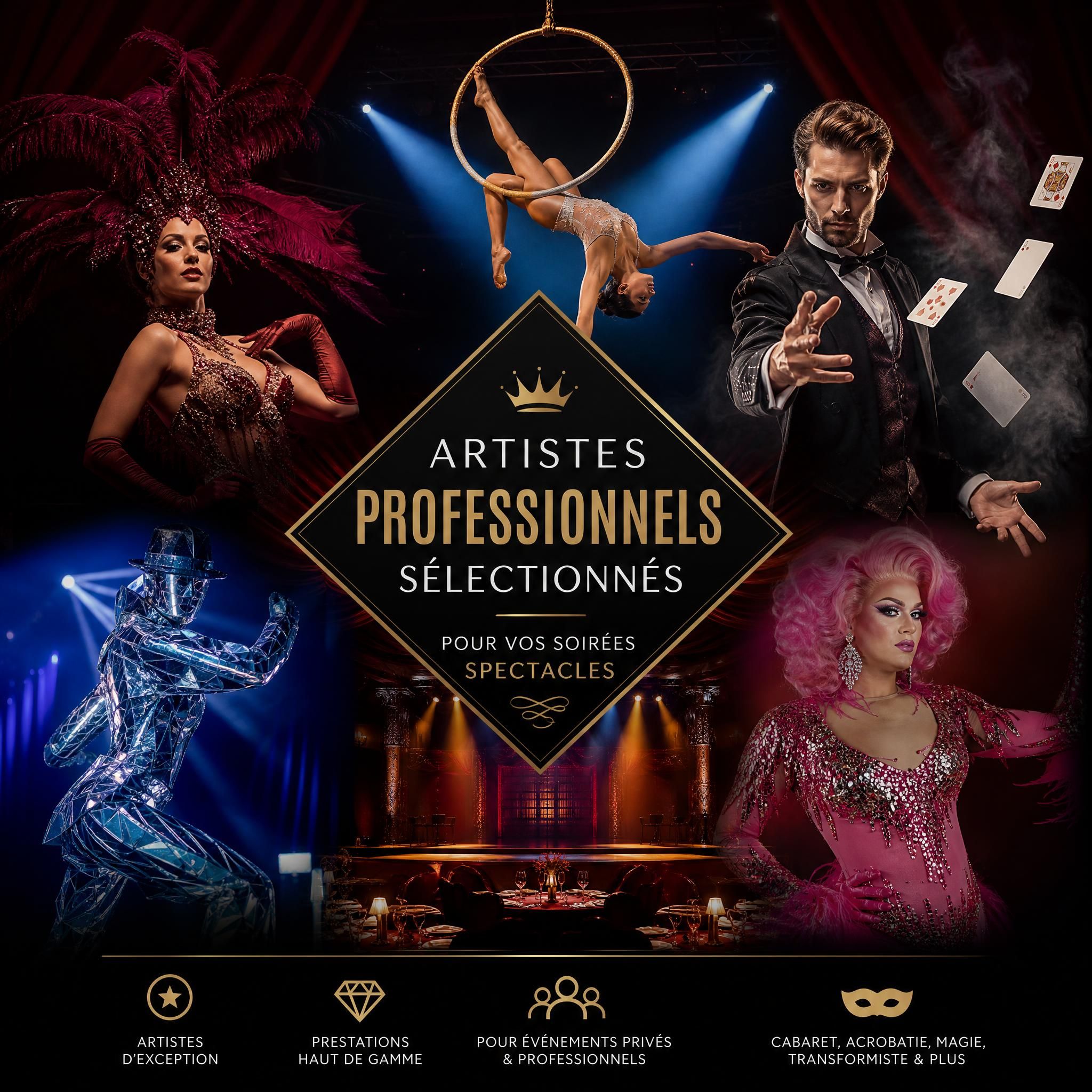 Artistes professionnels sélection soirée spectacle cabaret acrobatie magie transformiste événement haut de gamme