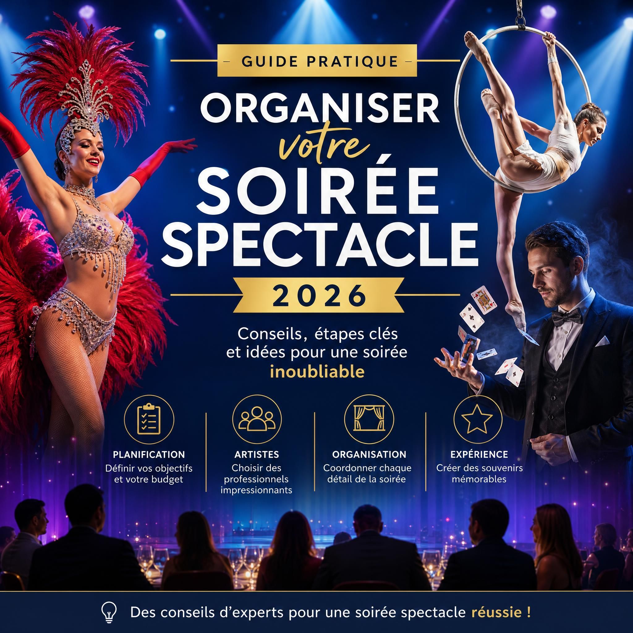 Guide pratique organisation soirée spectacle 2026 avec artistes professionnels danseuses cabaret magie acrobatie