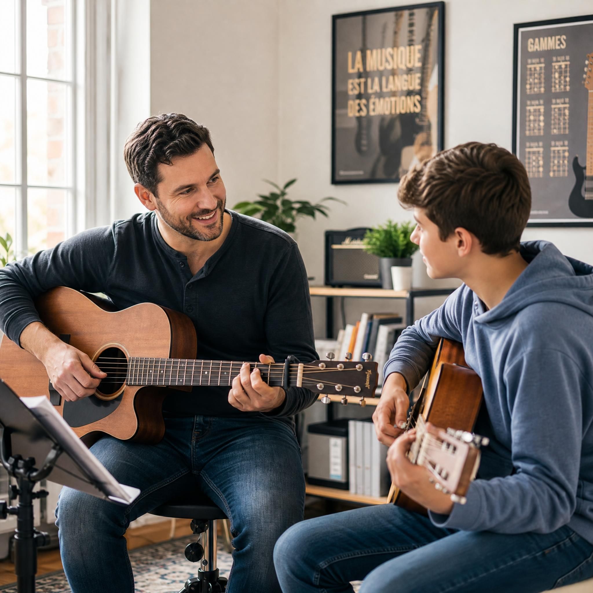 Professeur de musique jouant de la guitare avec un élève dans un studio lumineux, ambiance professionnelle et chaleureuse