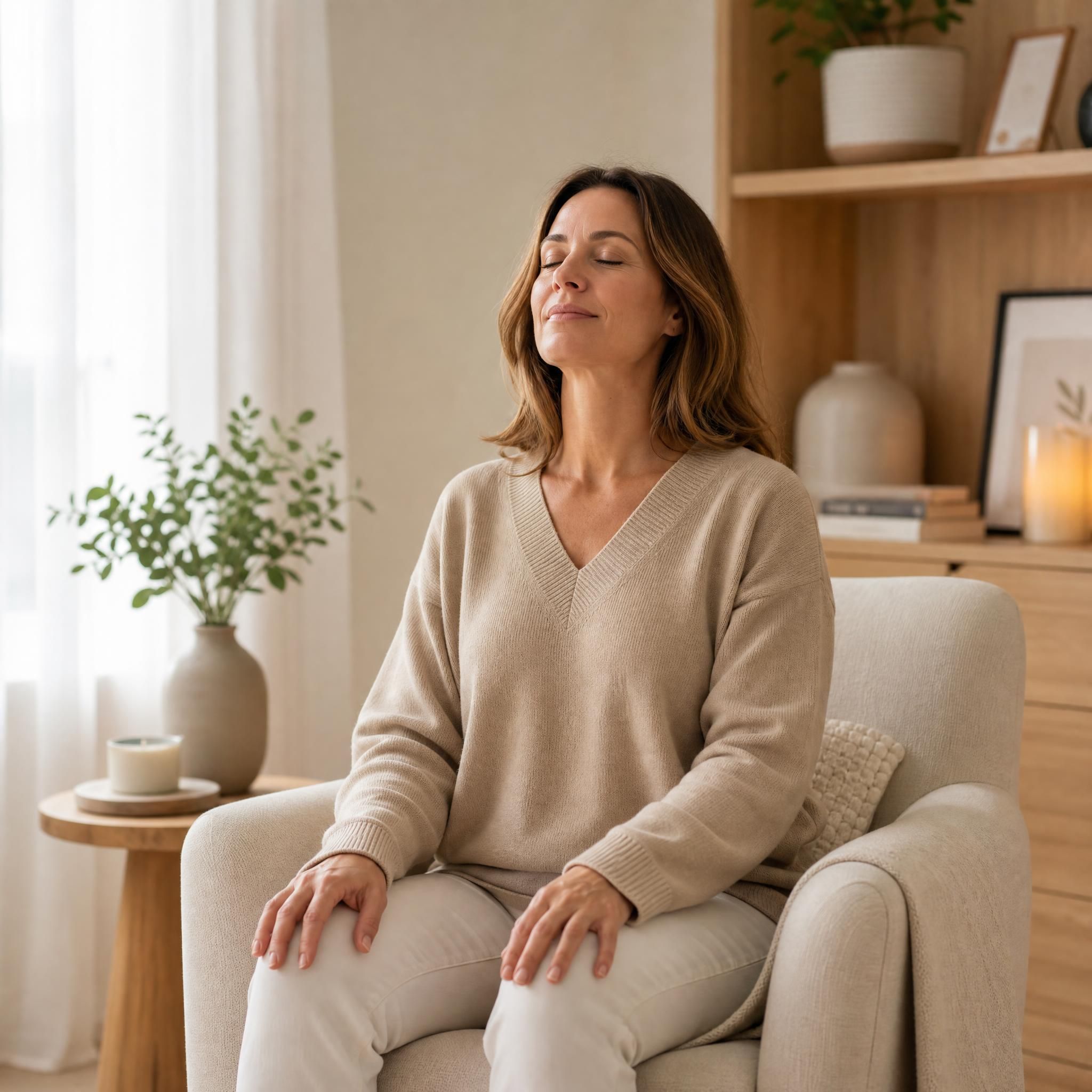 Femme d'environ 40 ans assise dans un fauteuil confortable, yeux fermés, mains posées sur les genoux, pratiquant un exercice de respiration profonde dans un espace chaleureux aux tons beige et bois clair, lumière naturelle douce