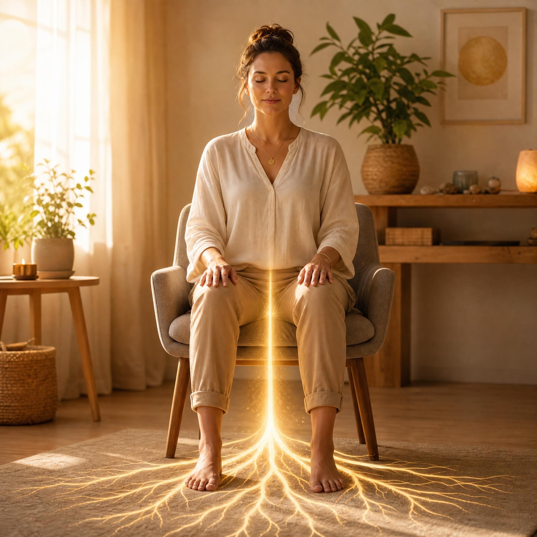 Femme assise en position d'ancrage, pieds à plat sur le sol, mains sur les genoux, lumière dorée et douce, ambiance intérieure apaisante, visualisation de racines symbolisées par une lumière descendante