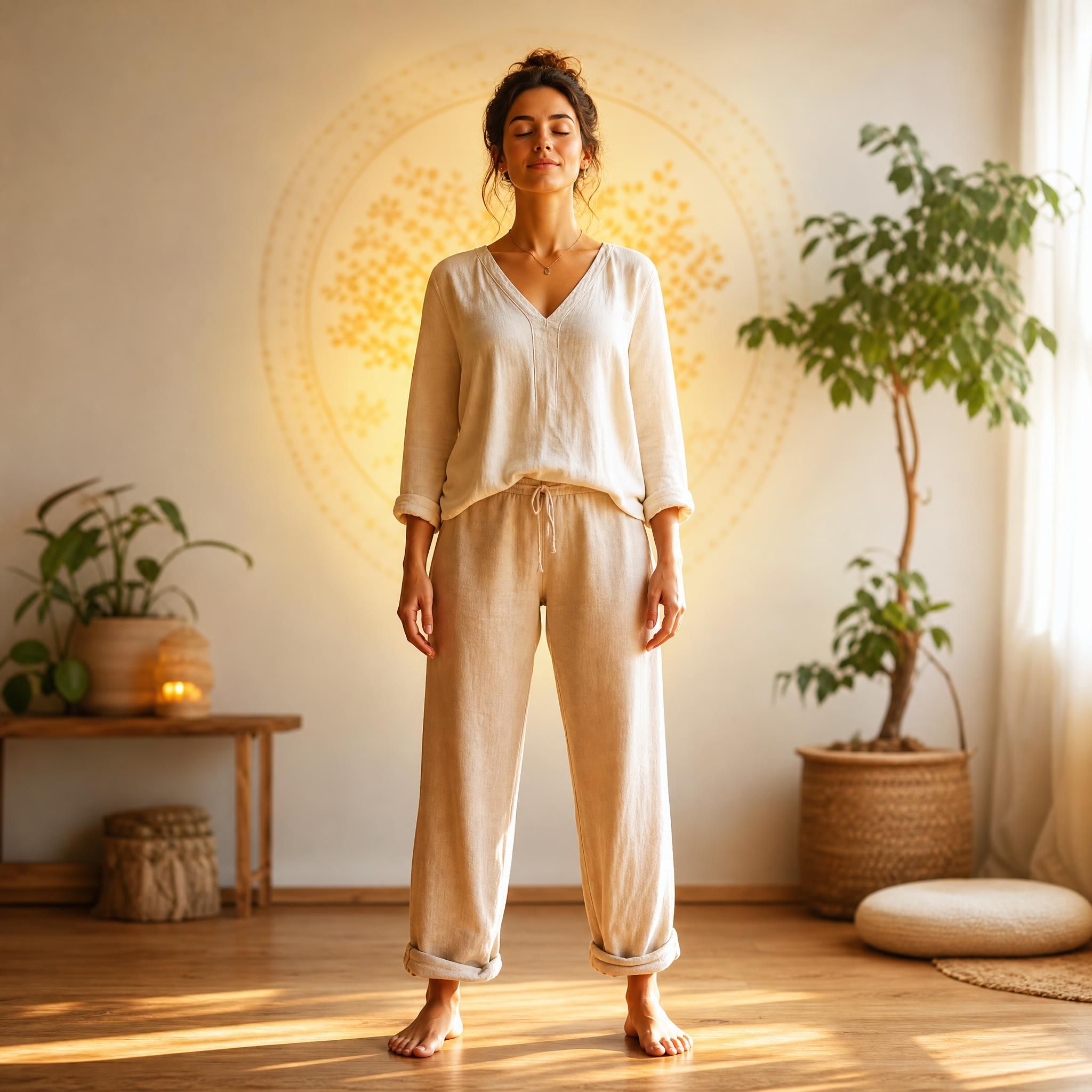 Femme debout pieds nus sur un sol en bois, les yeux fermés, posture détendue et ancrée, lumière dorée et douce autour d'elle, symbolisant la stabilité intérieure et l'enracinement