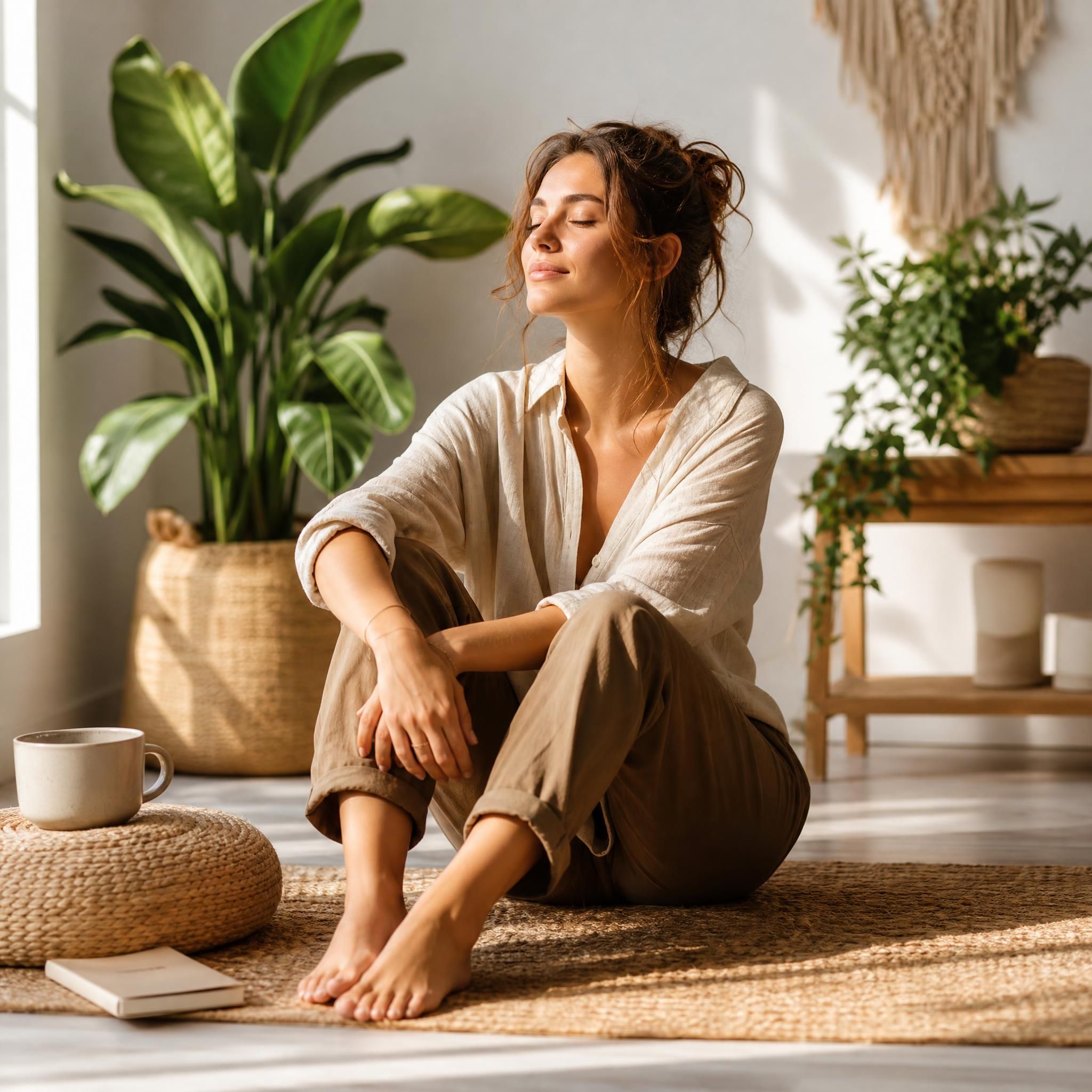 Femme assise pieds nus sur le sol, dans un espace intérieur lumineux et naturel, yeux mi-clos, posture détendue et ancrée, lumière dorée douce, plantes vertes en arrière-plan, ambiance sérénité