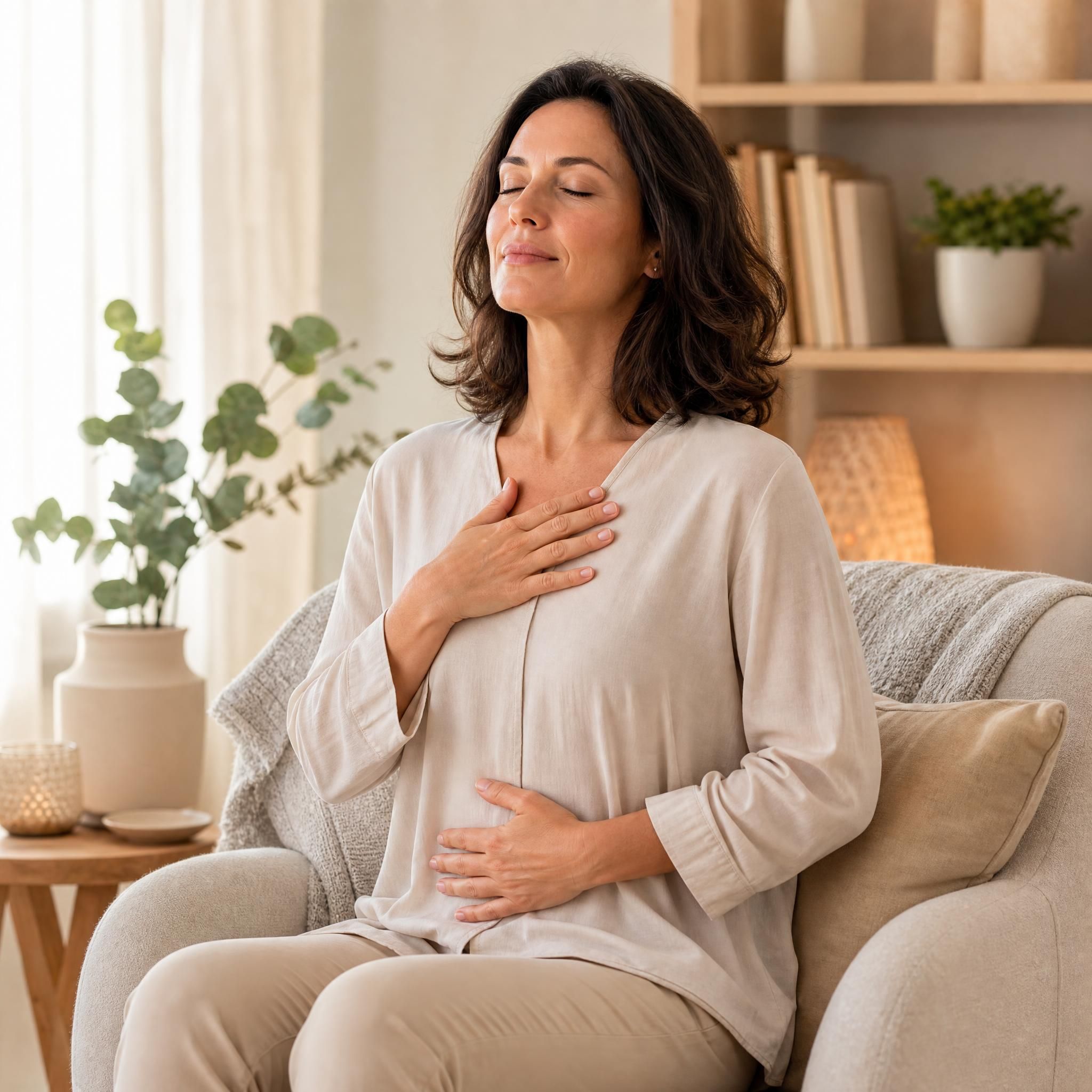 Femme d'environ 40 ans, yeux fermés, visage serein, assise dans un fauteuil confortable, pratiquant un exercice de respiration profonde dans un espace chaleureux aux tons beige et bois clair, lumière naturelle douce
