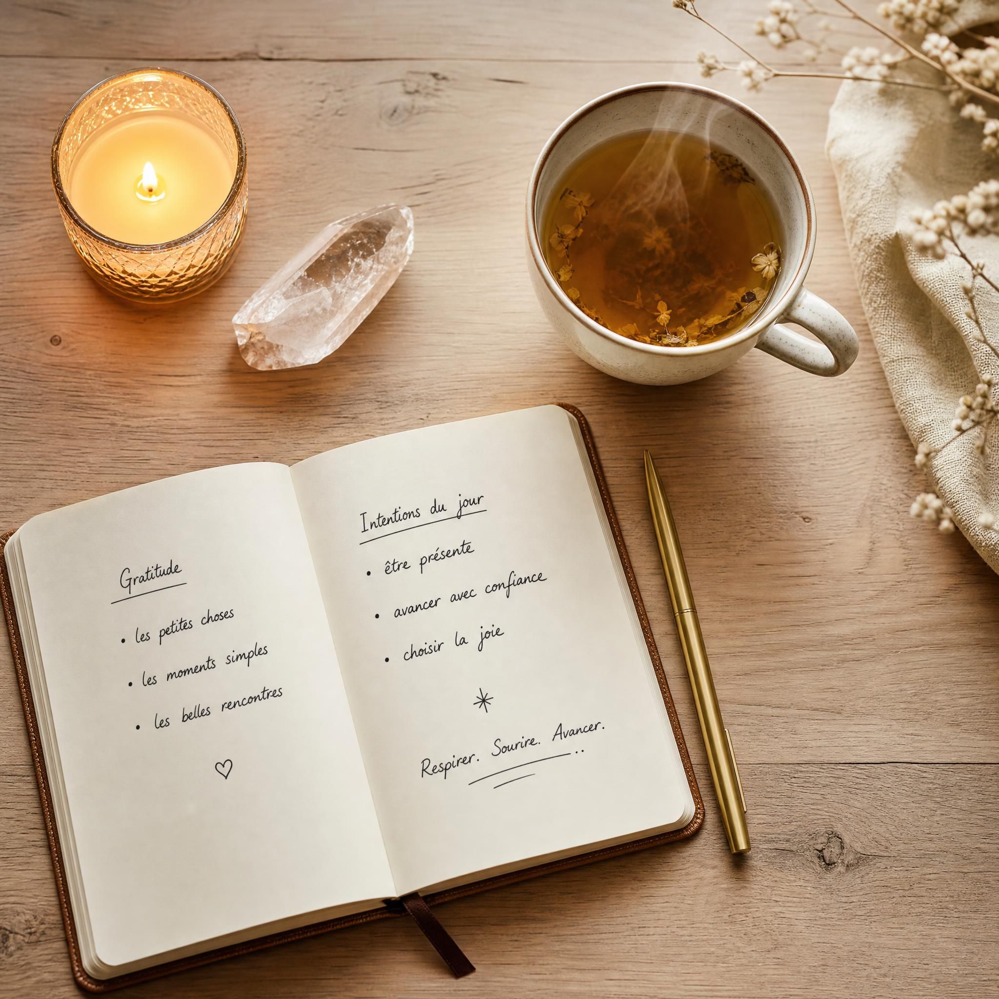 Vue de dessus d'un carnet de notes ouvert avec quelques mots écrits à la main, à côté d'une tasse de tisane fumante, d'une bougie allumée et d'un cristal, sur une table en bois clair, ambiance douce et introspective, lumière chaude du soir